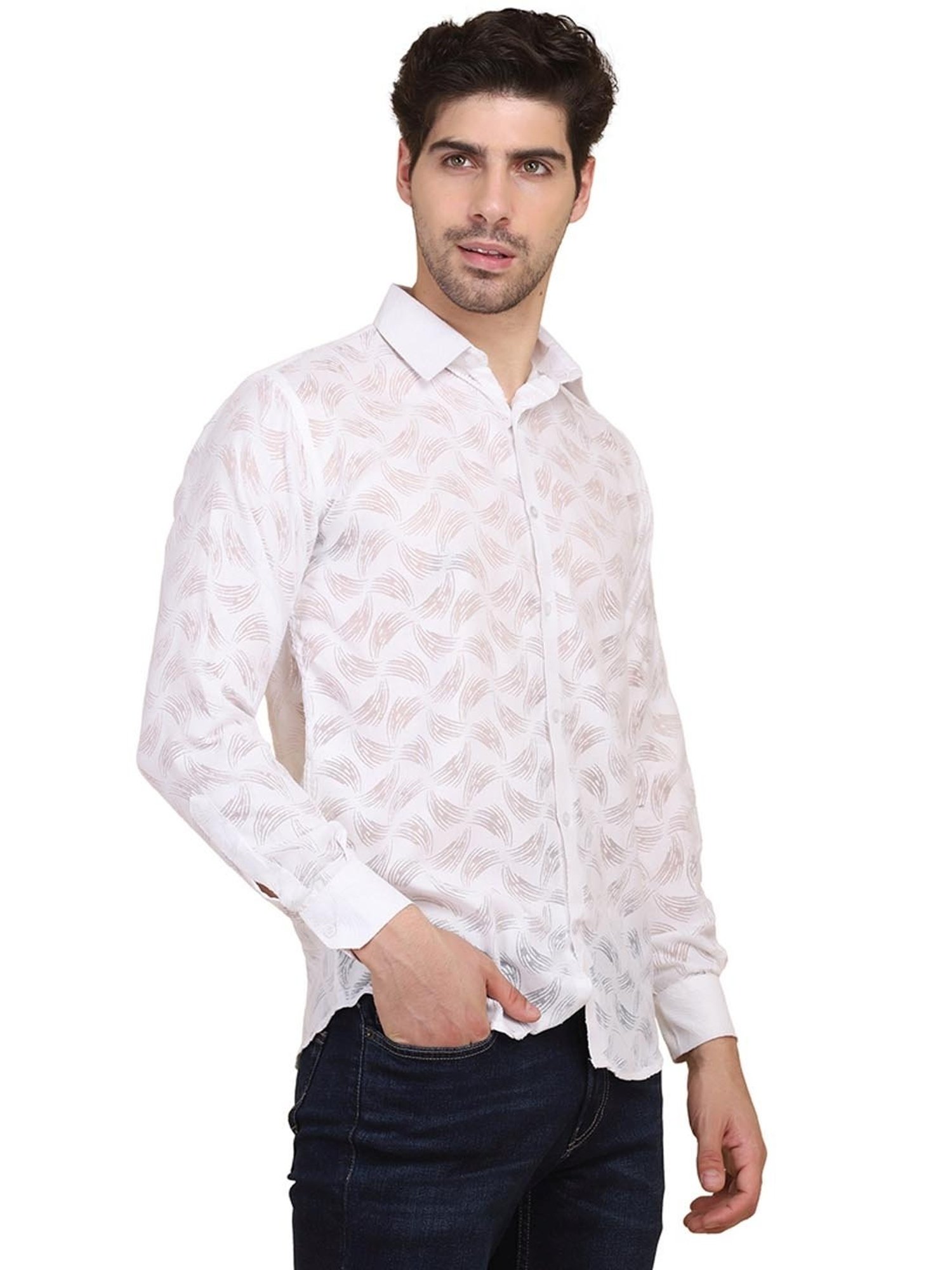 TAHVO White & Grey Cotton Slim Fit Printed Shirt