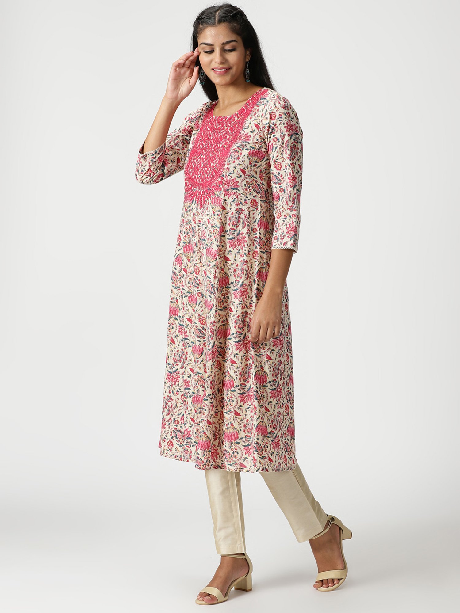 Saffron Threads Beige & Pink Cotton Embroidered A Line Kurta