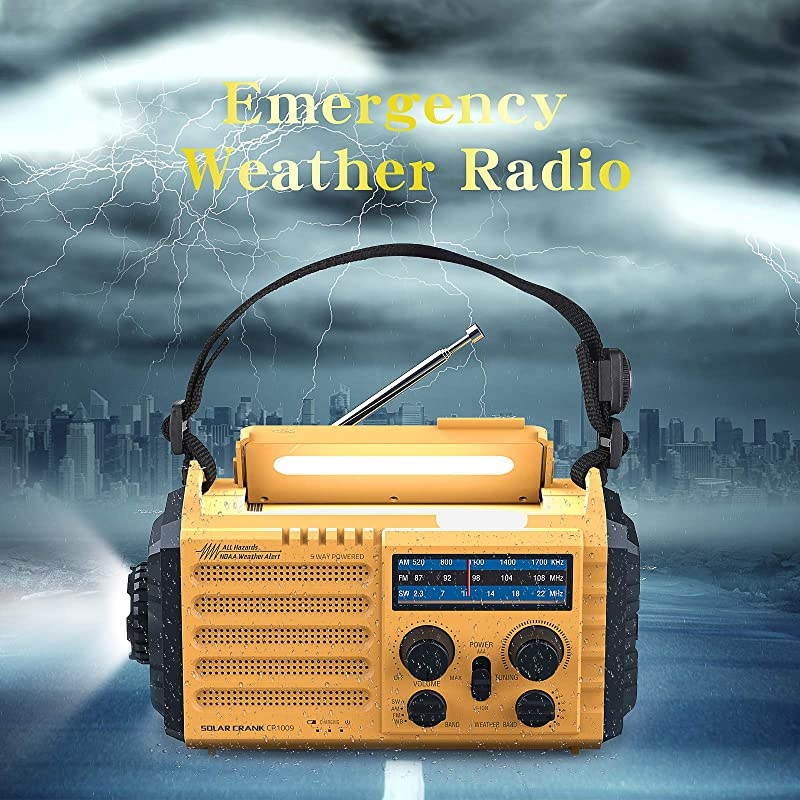 Weather Radio  Solar Hand Crank Emergency Radio 5 Ways Powered AMFMSWNOAA Weather Alert Portable Radio with Flashlight Reading Lamp Cellphone Charger and SOS Alarm Yellow