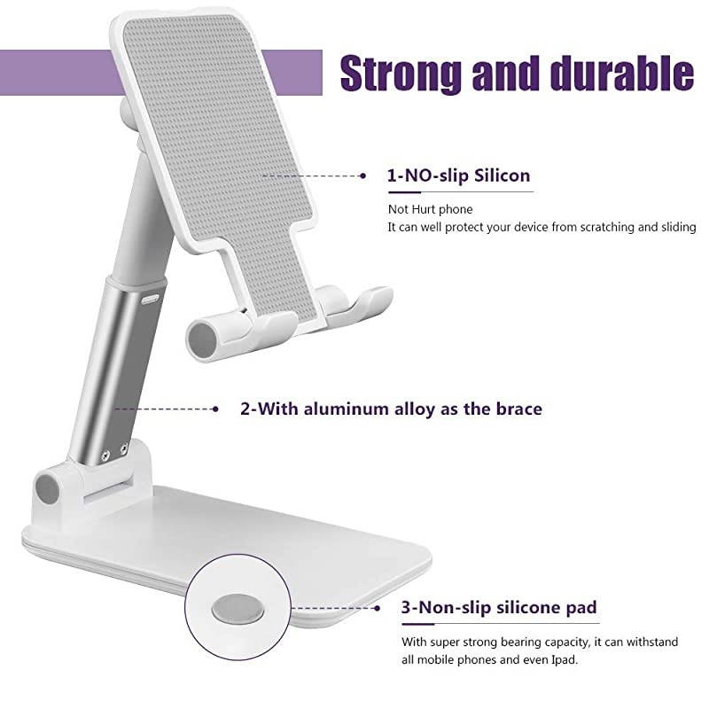 Cell Phone Stand Holder Foldable Cell Phone Stand for Desk Compatible with iPhone 10 11 X Xr Xs max All Mini Samsung Galaxy ipad Smartphones TabletsWhite