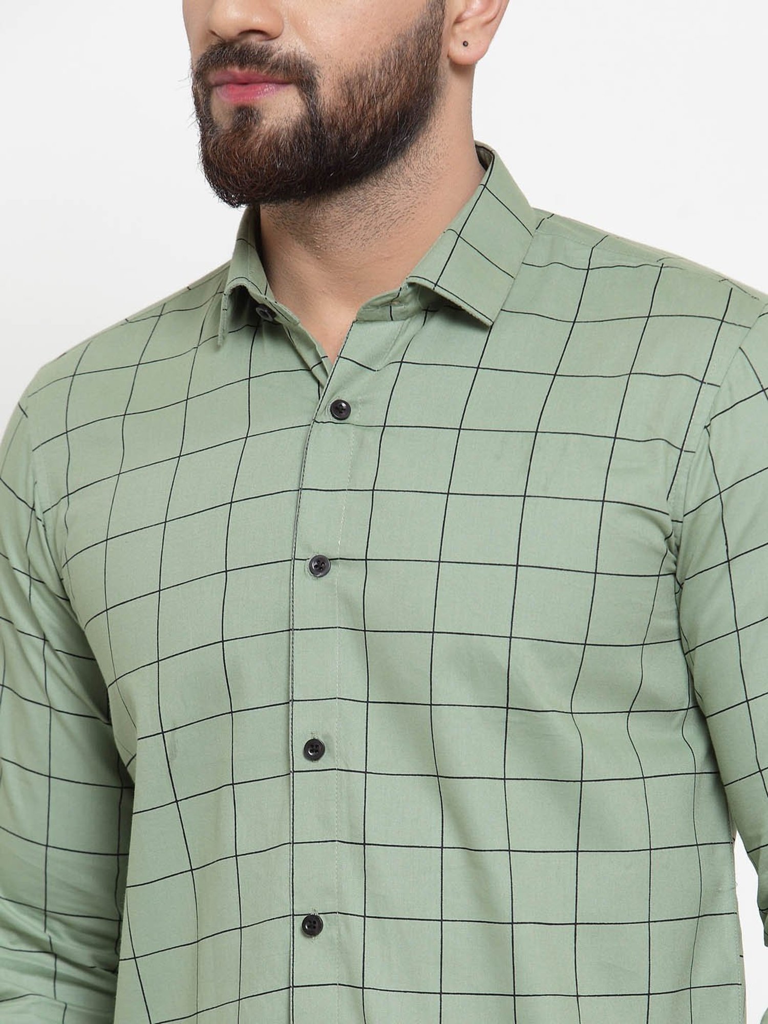 Jainish Pista Green Regular Fit Check Shirt