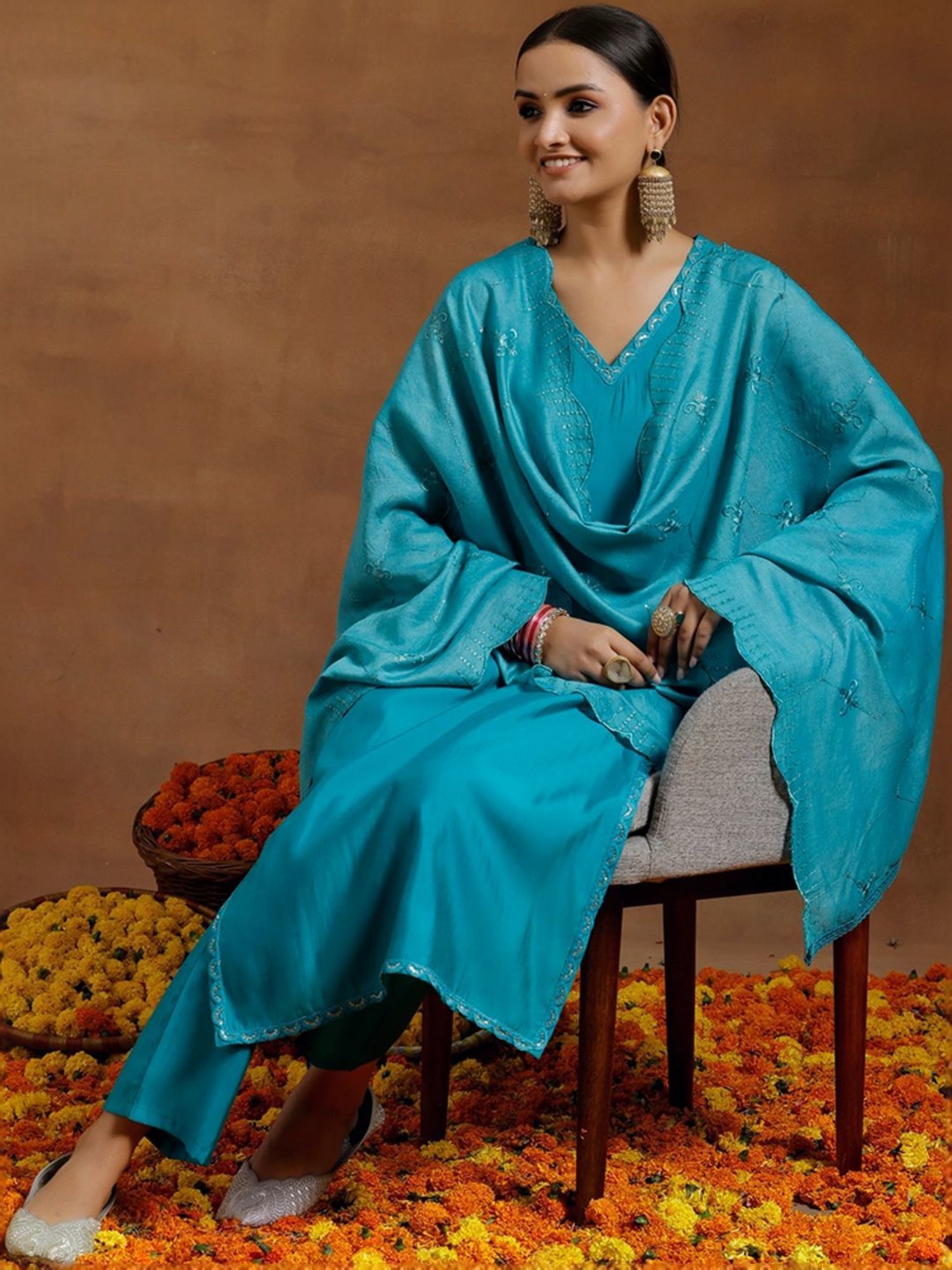 Libas Blue Straight Fit Kurta Pant Set With Dupatta