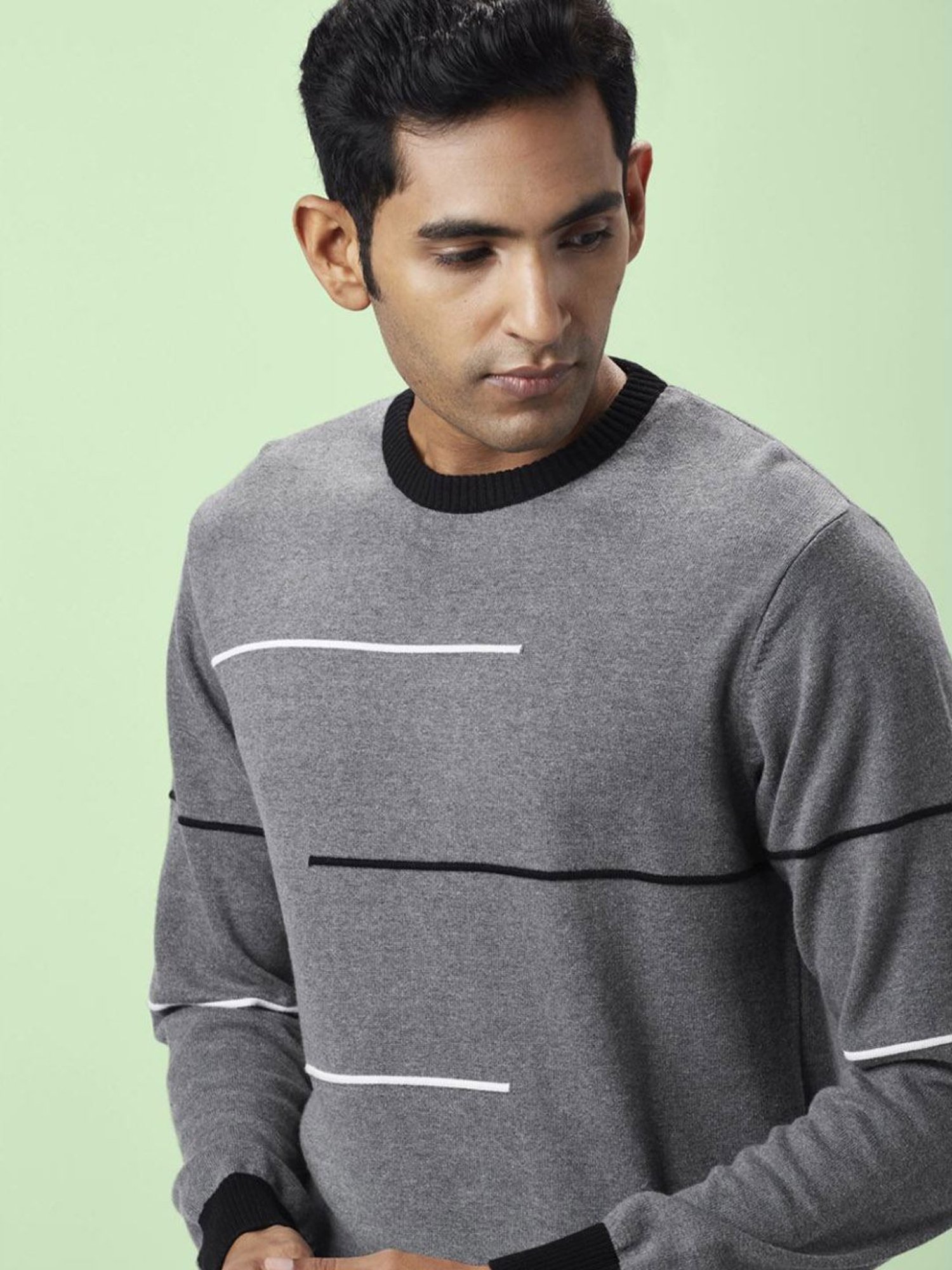 Byford By Pantaloons Grey Melange Cotton Regular Fit Printed Sweaters