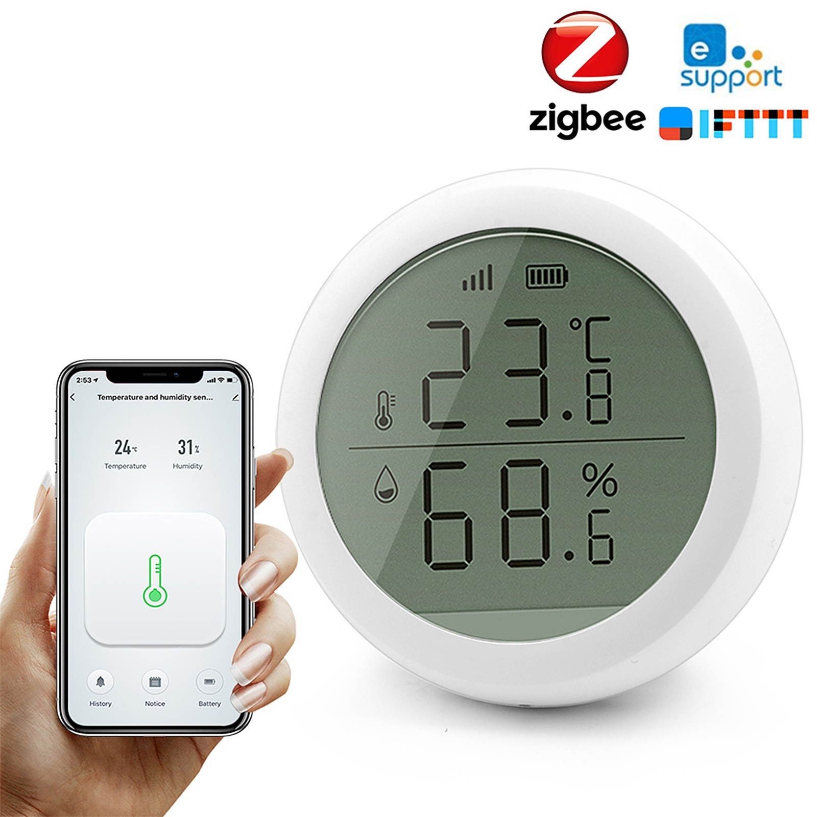 eWelink Smart Zigbee Temperature Humidity Sensor with LCD Screen High Accuracy T&H Sensor Work with Gateway Hub Home Automation Scene