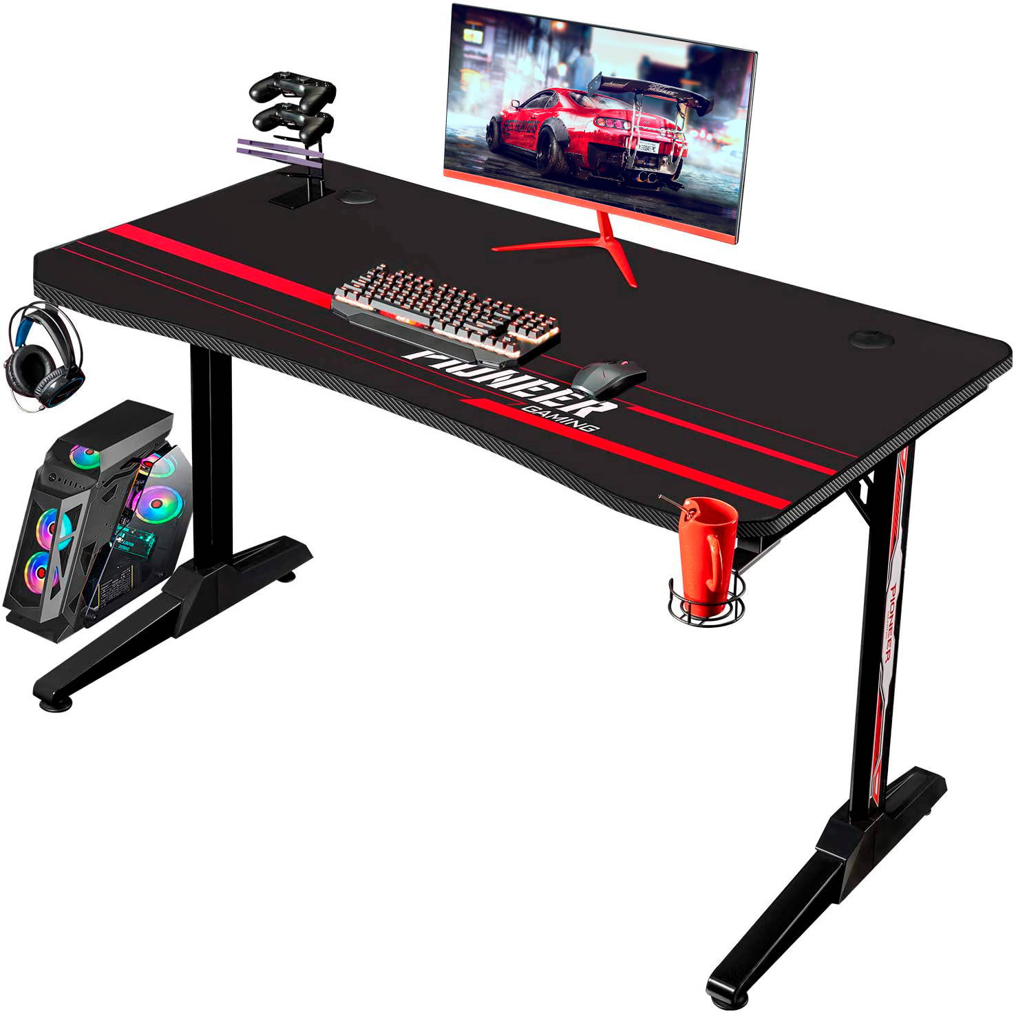 Devoko 43 Inch Gaming Desk T-Shaped PC Computer Table with Free Mouse Pad Carbon Fibre Surface Home Office Desk Gamer Table with Game Handle Rack Headphone Hook and Cup Holder (Black)