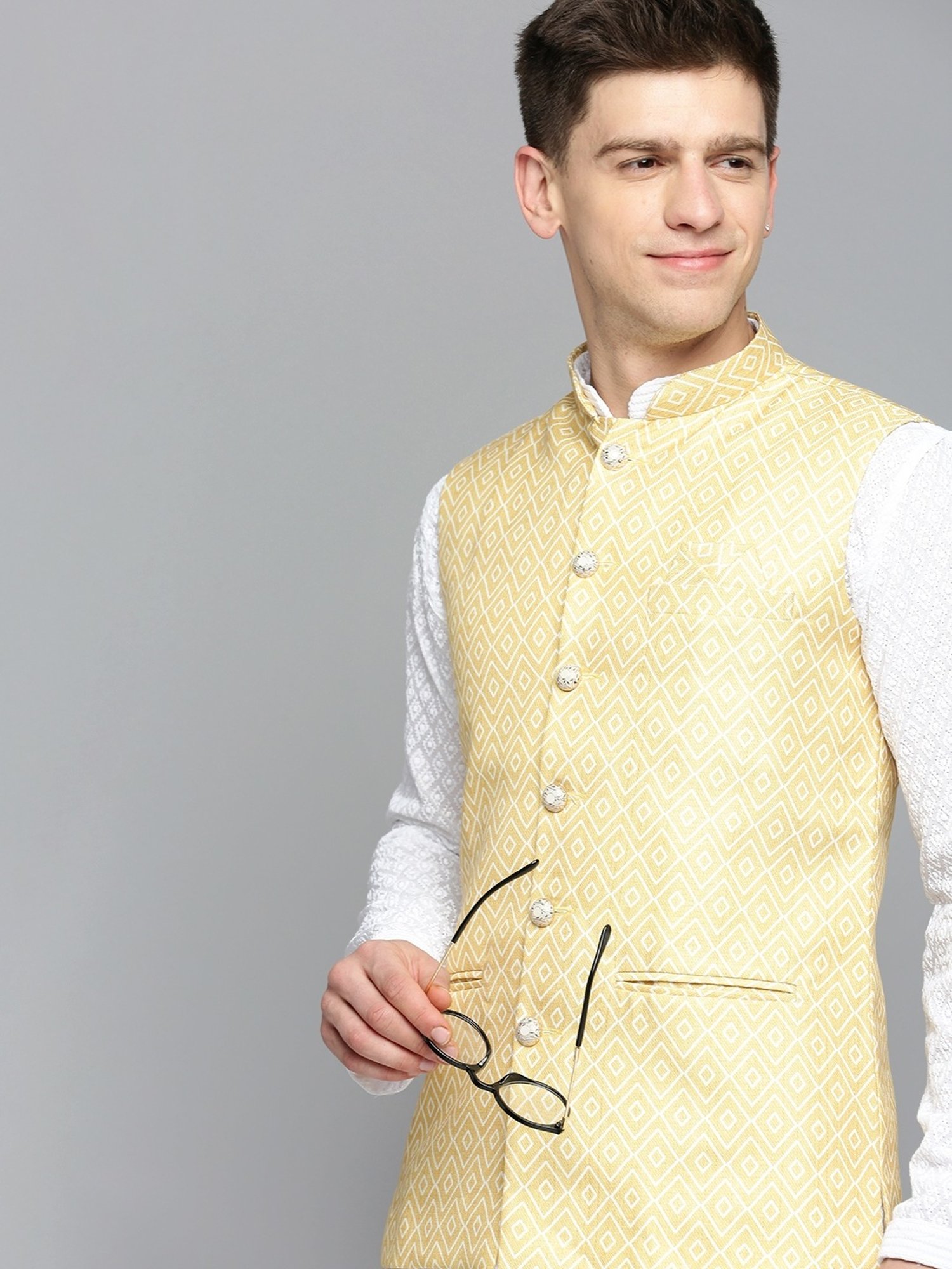 Showoff Yellow Regular Fit Printed Nehru Jacket