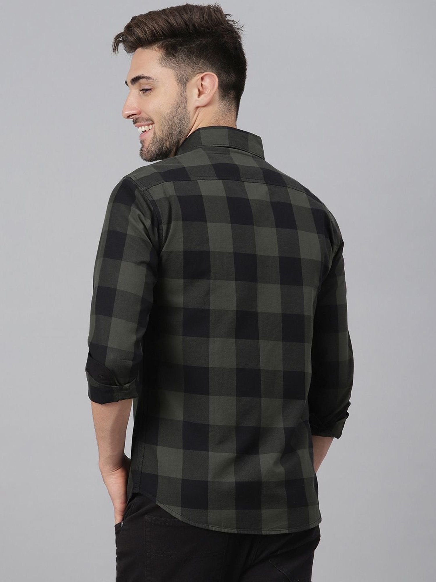 Dennis Lingo Olive & Black Cotton Slim Fit Checks Shirt
