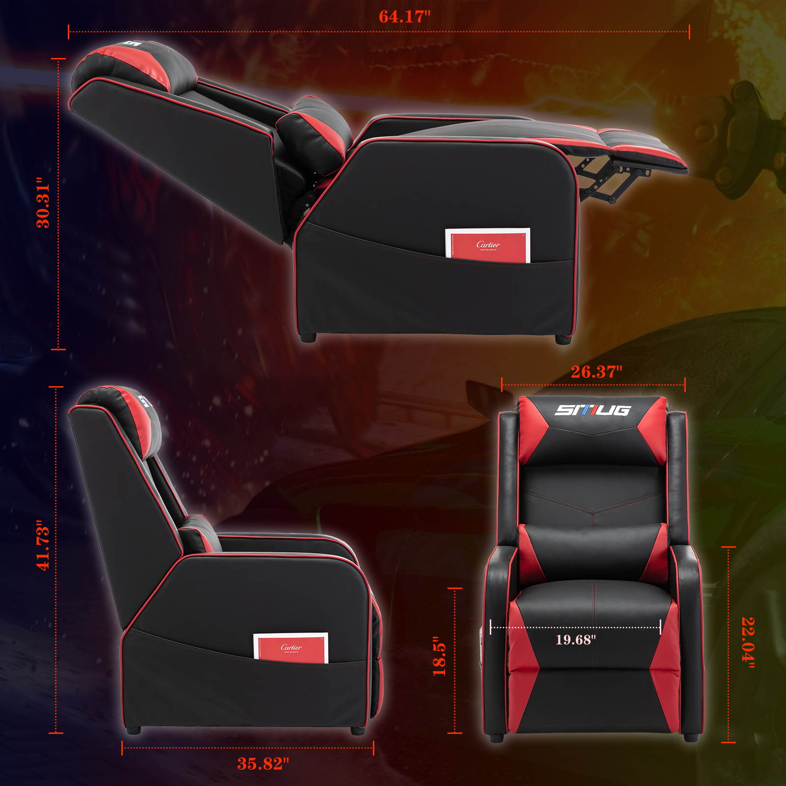 Gaming Recliner Chair Racing Style Single PU Leather Sofa Comfortable Living Room Recliners Ergonomic Adjustable Home Theater Seating - Red