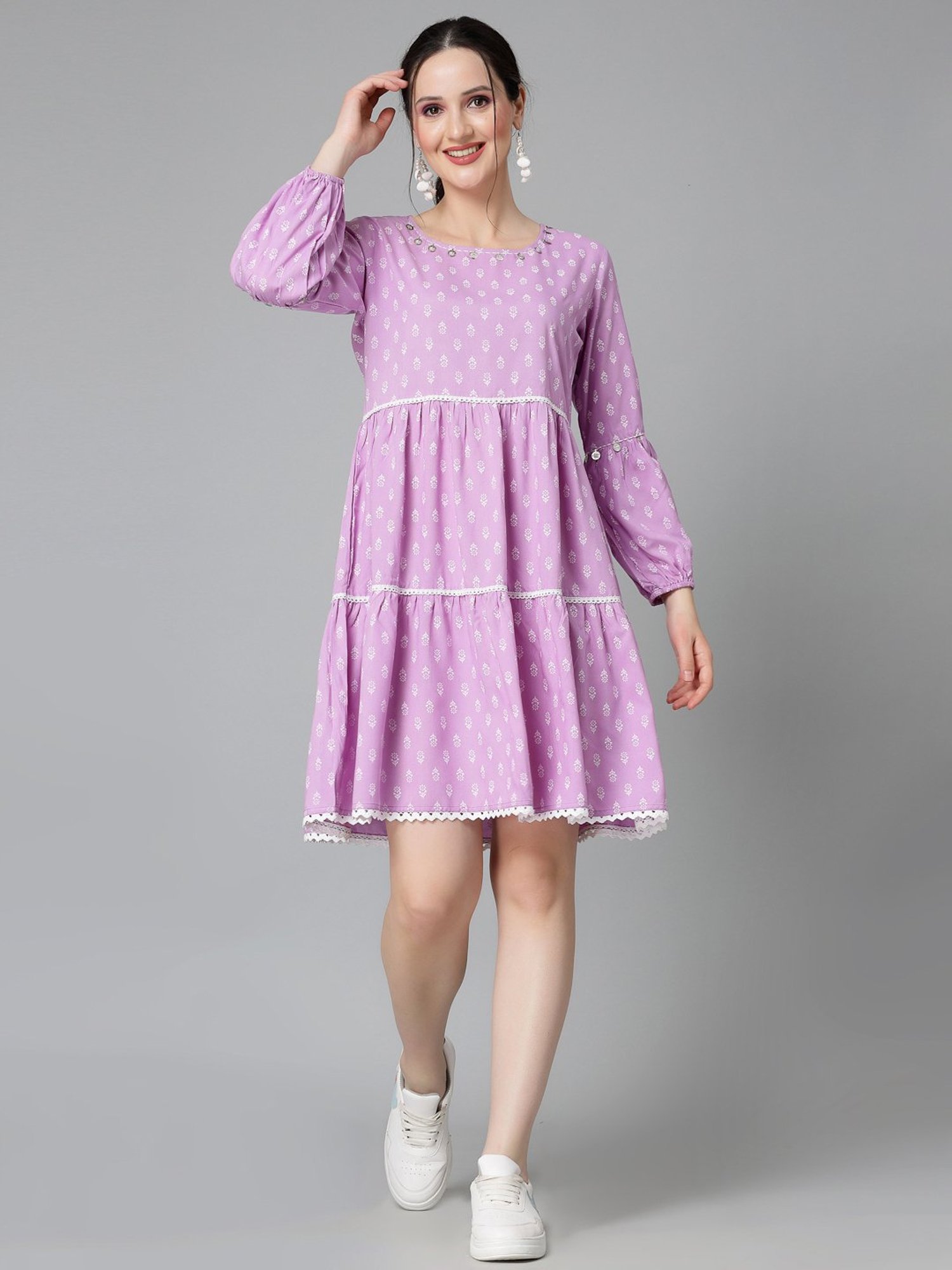 Stylum Lavender Rayon Floral Print Tiered Dress