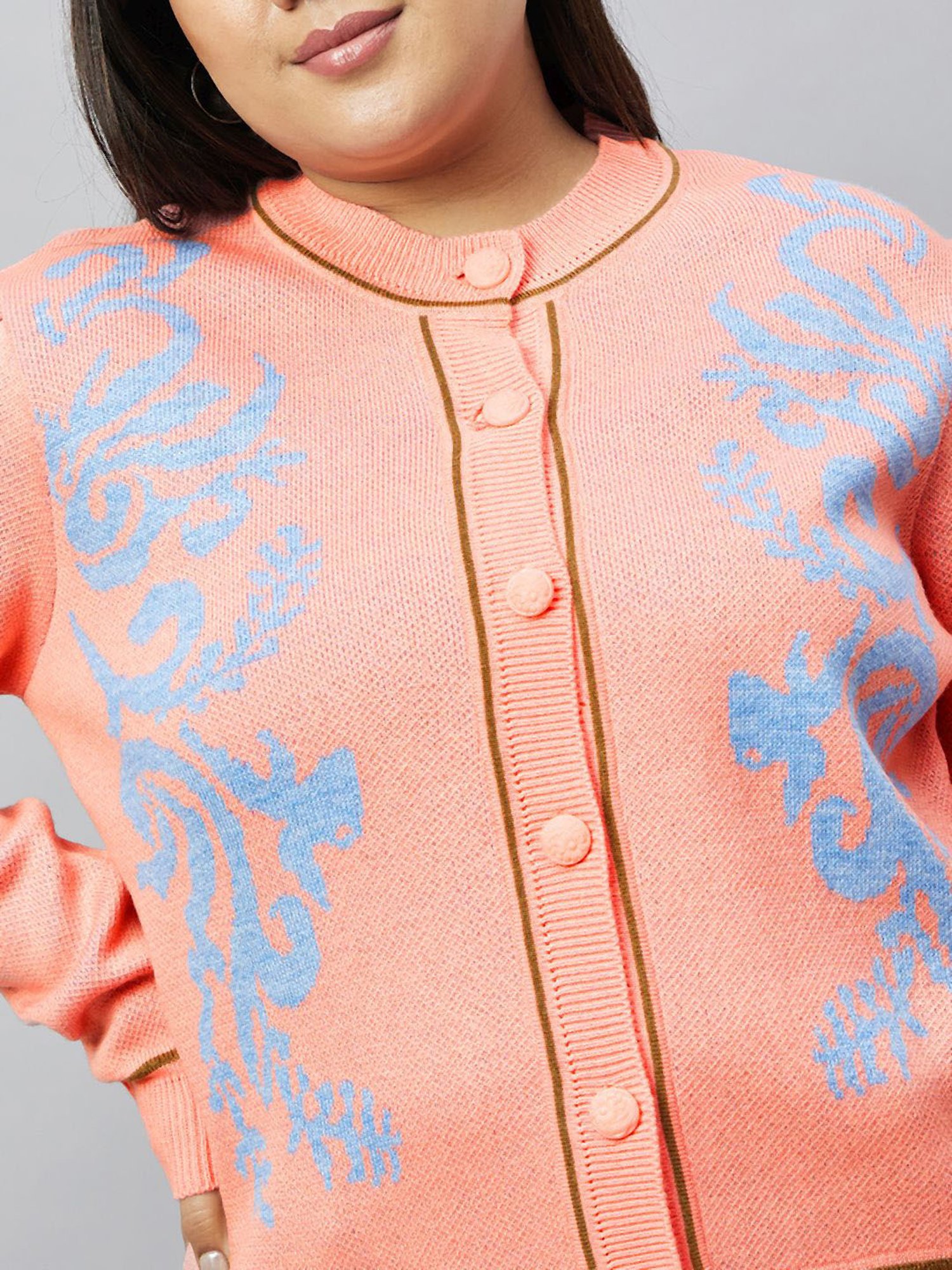 Club York Peach Embroidered Plus Size Cardigan