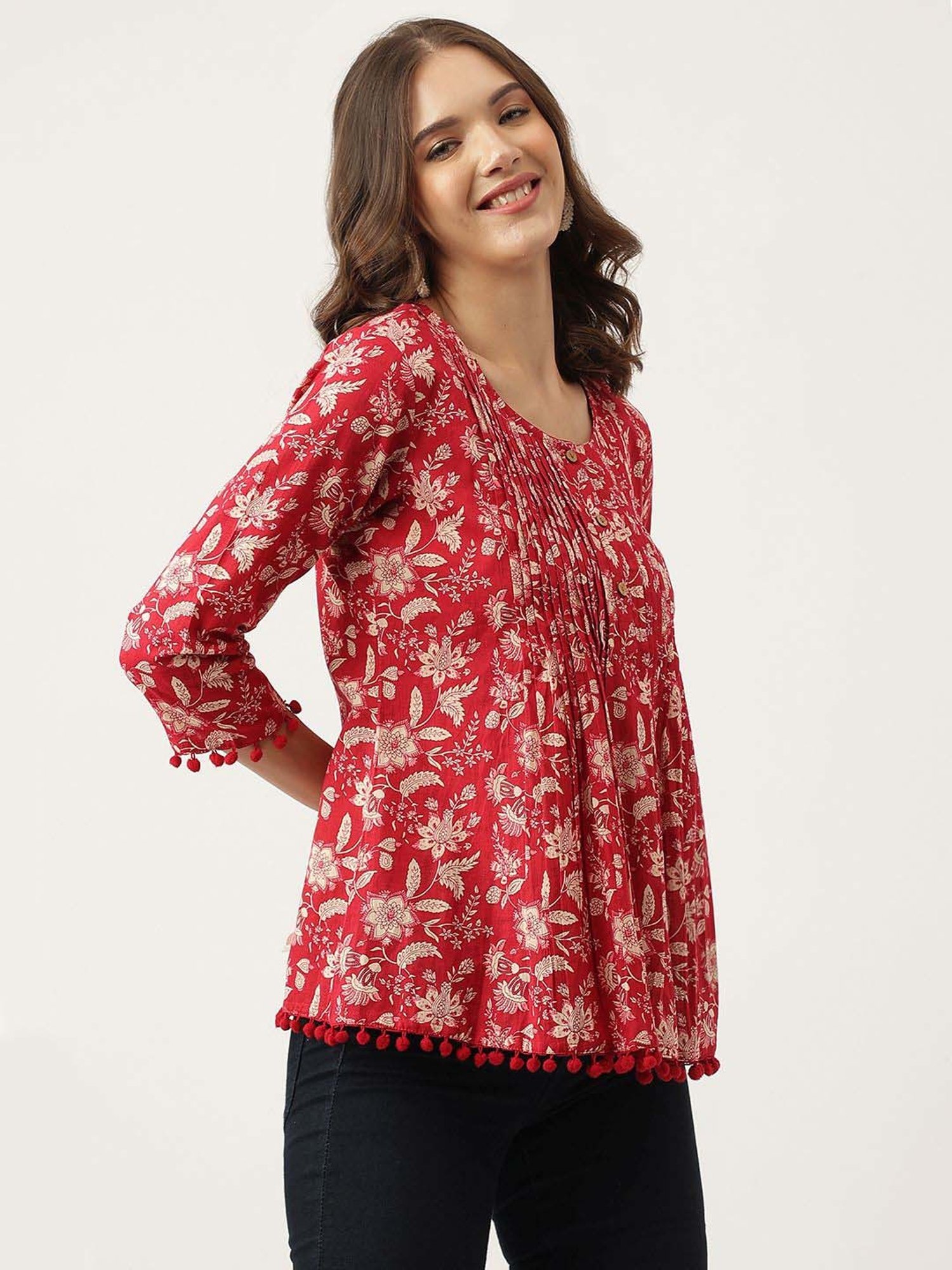 Divena Red Cotton Floral Print Top