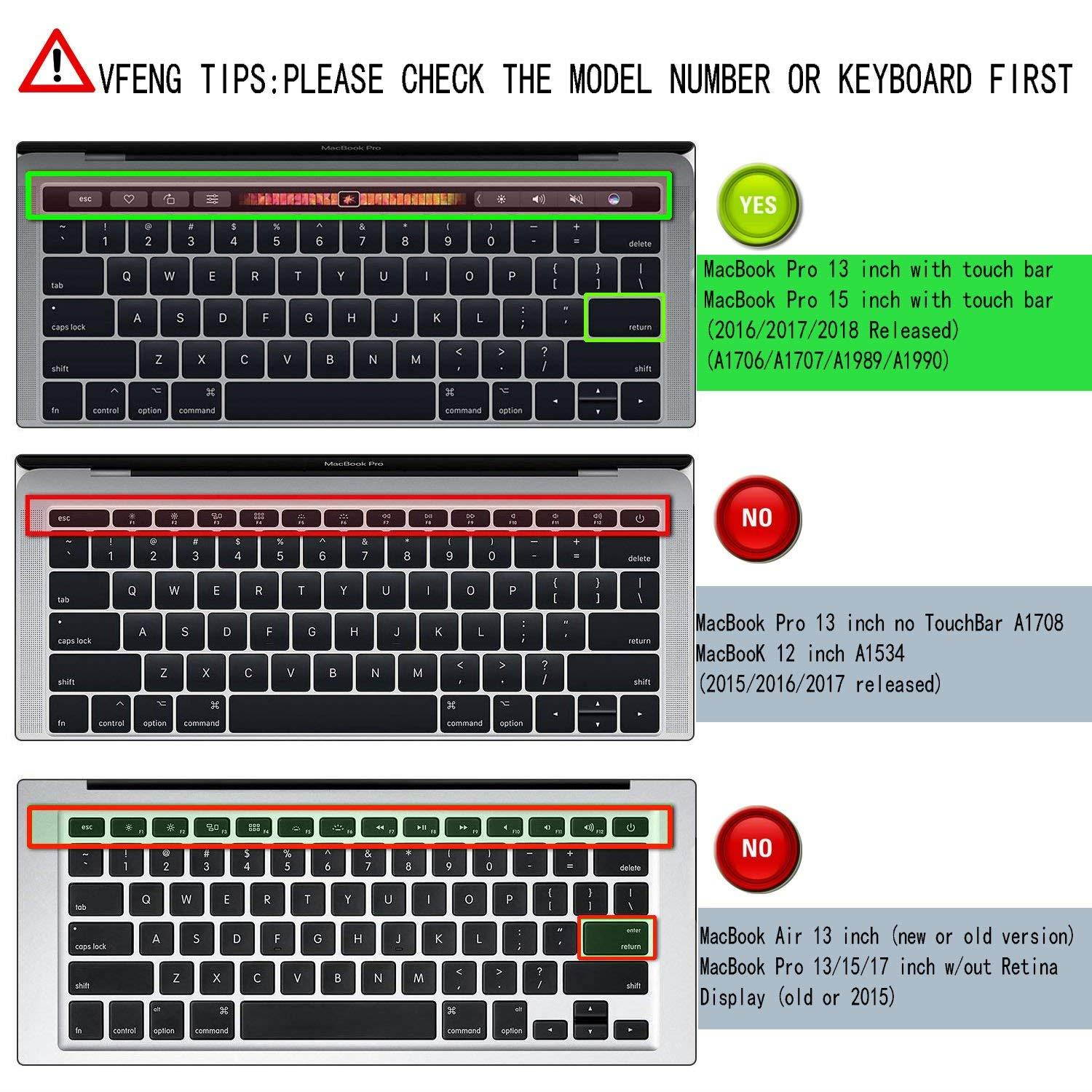 VFENG Premium Ultra Thin Keyboard Skins for MacBook Pro with Touch Bar 13" and 15" (Model Number A1706, A1707, A1989, A1990, Released 2016 2017 2018)