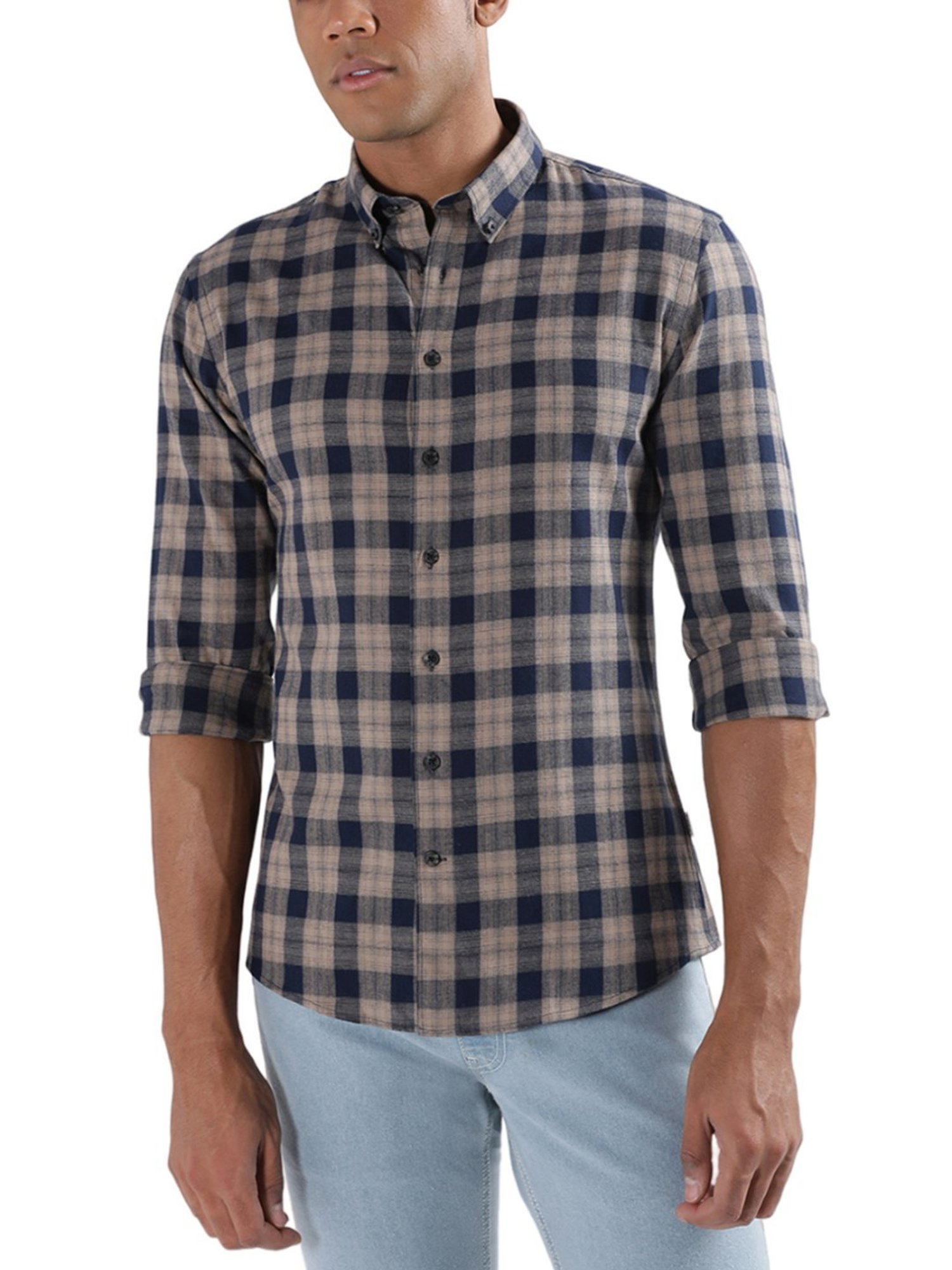 Lindbergh Brown Cotton Slim Fit Checks Shirt