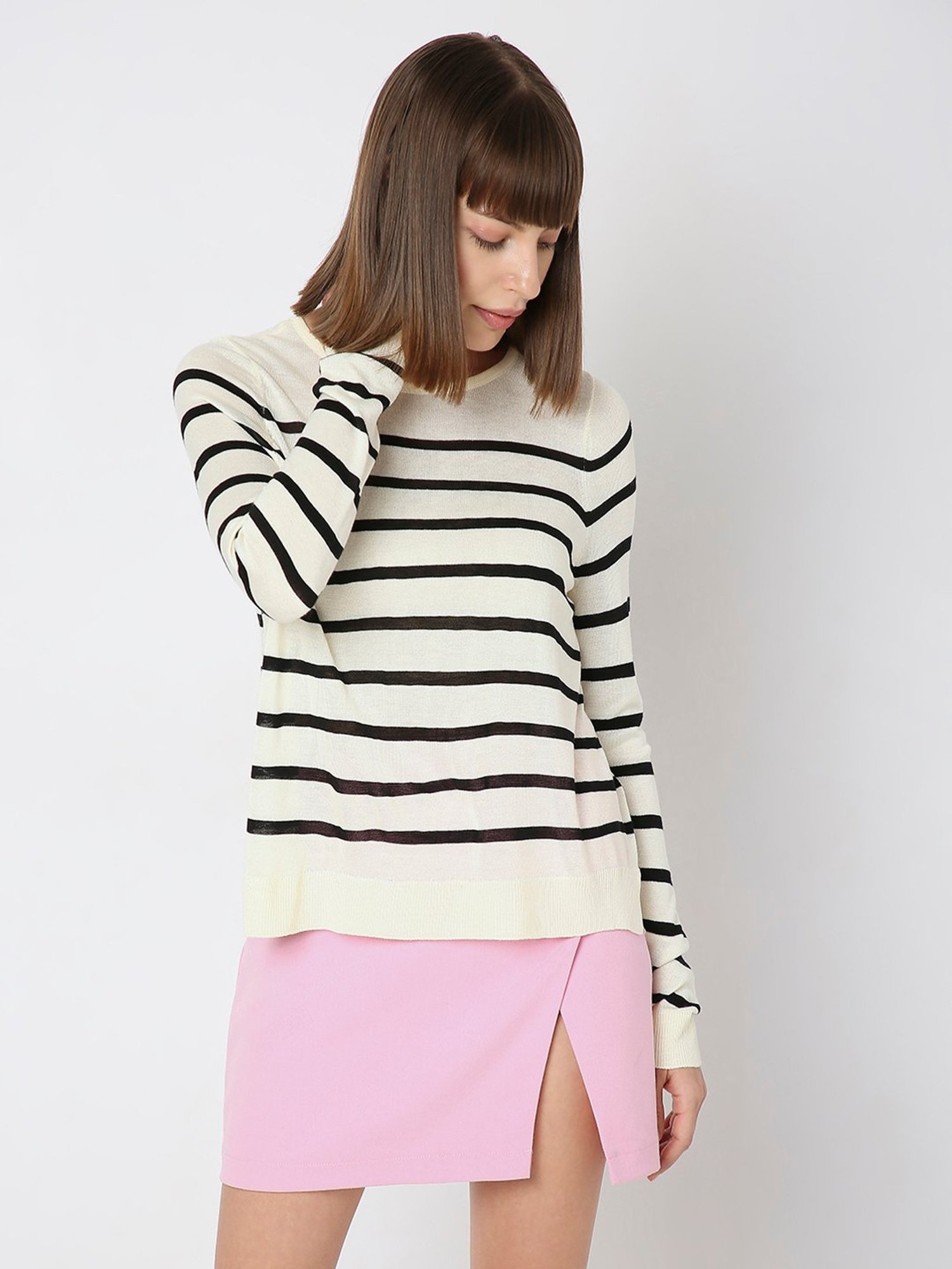 Vero Moda Black & White Cotton Striped Pullover