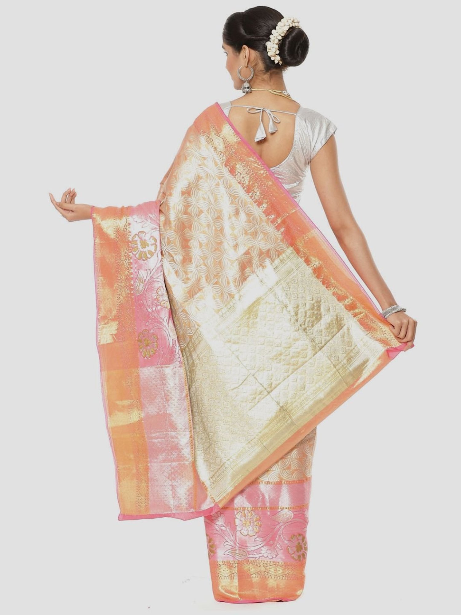 Banarasi Silk Works Peach Woven Saree With Unstitched Blouse