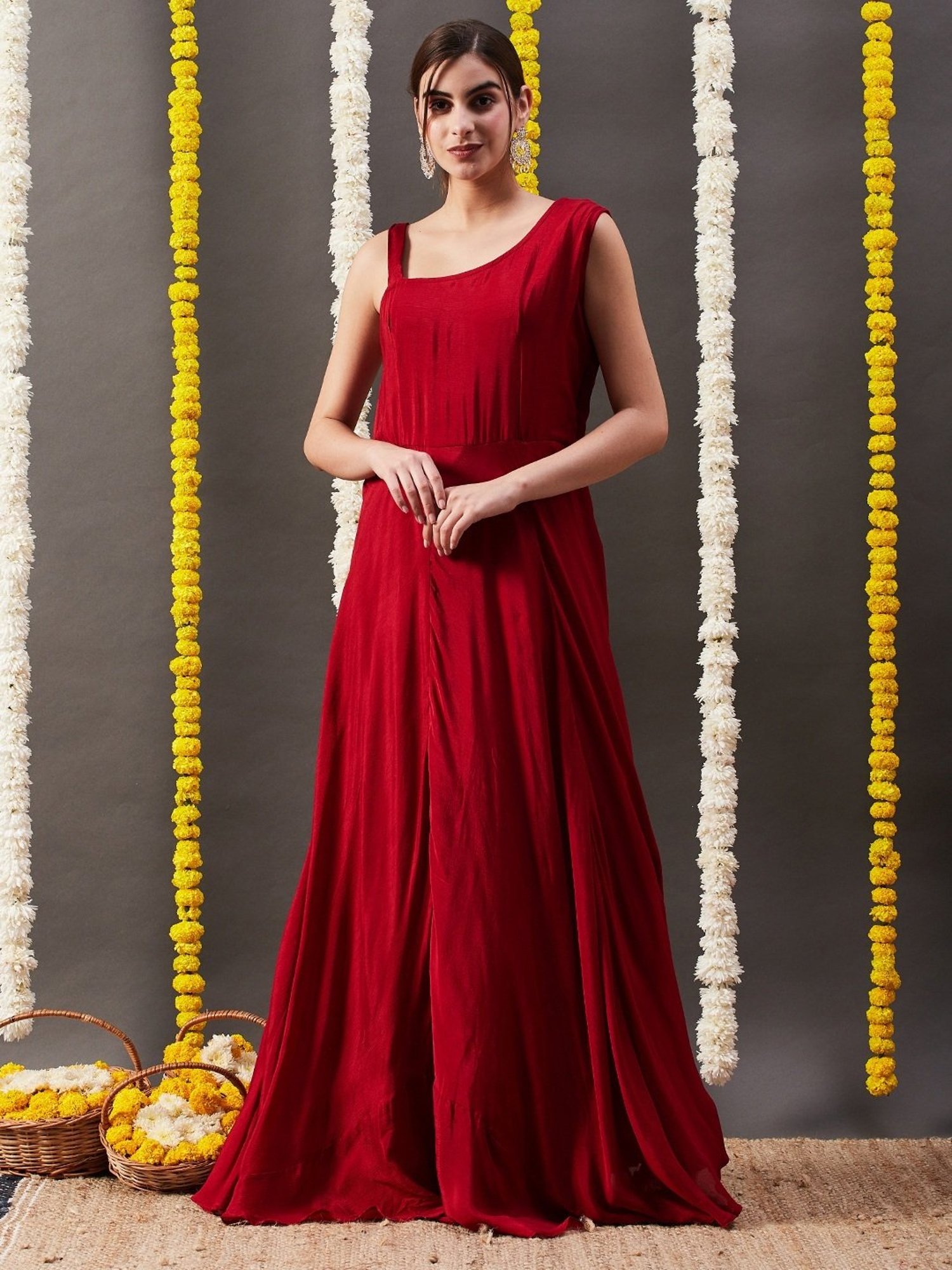 Fashor Maroon Printed Maxi Dress With Cape