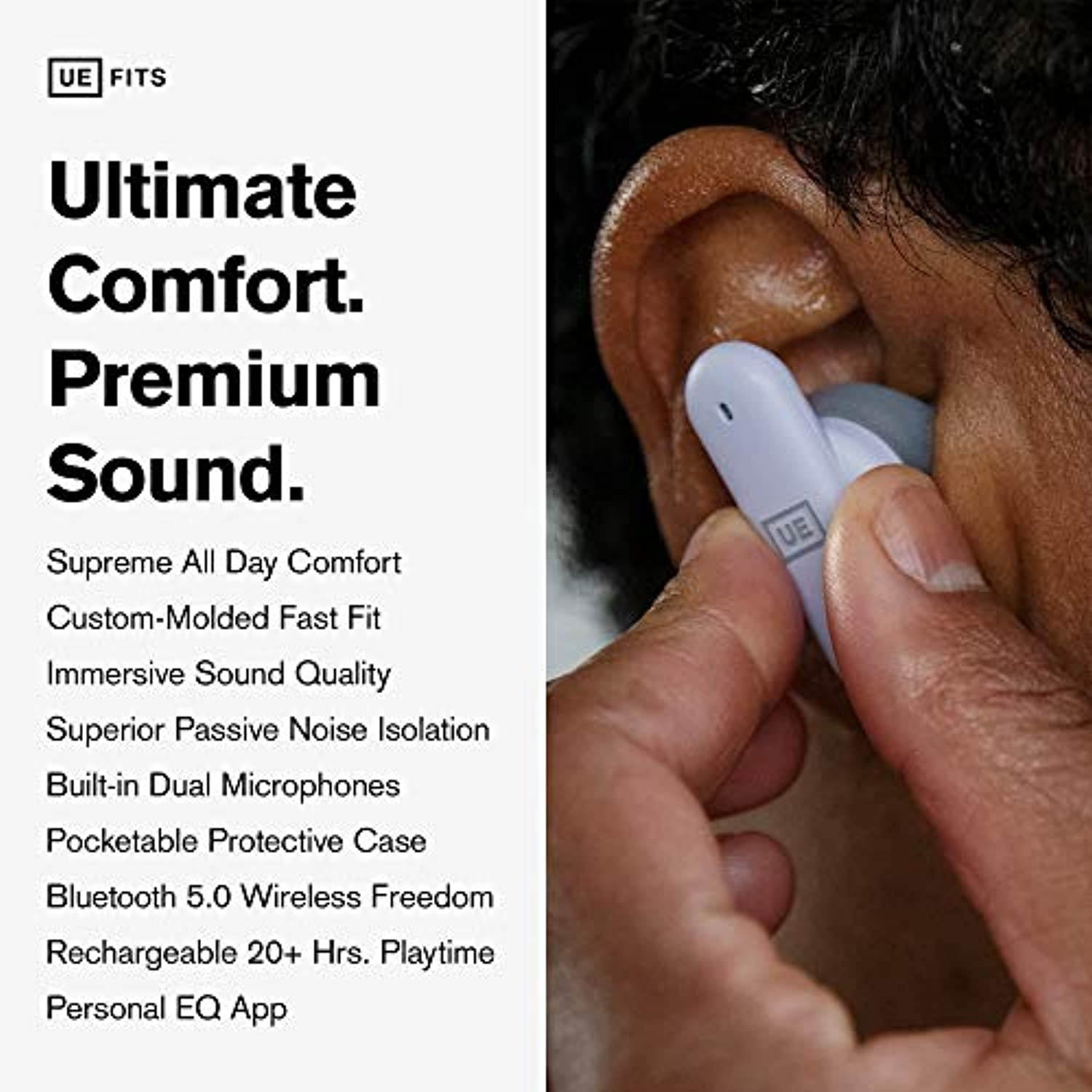 Ultimate Ears FITS True Wireless Bluetooth Custom Fit Earbuds, Premium Audio Quality, Passive Noise Cancelling Earphones, Rechargeable Headphones with 20 Hour Playtime, Sweat Resistant (G (985-001057)