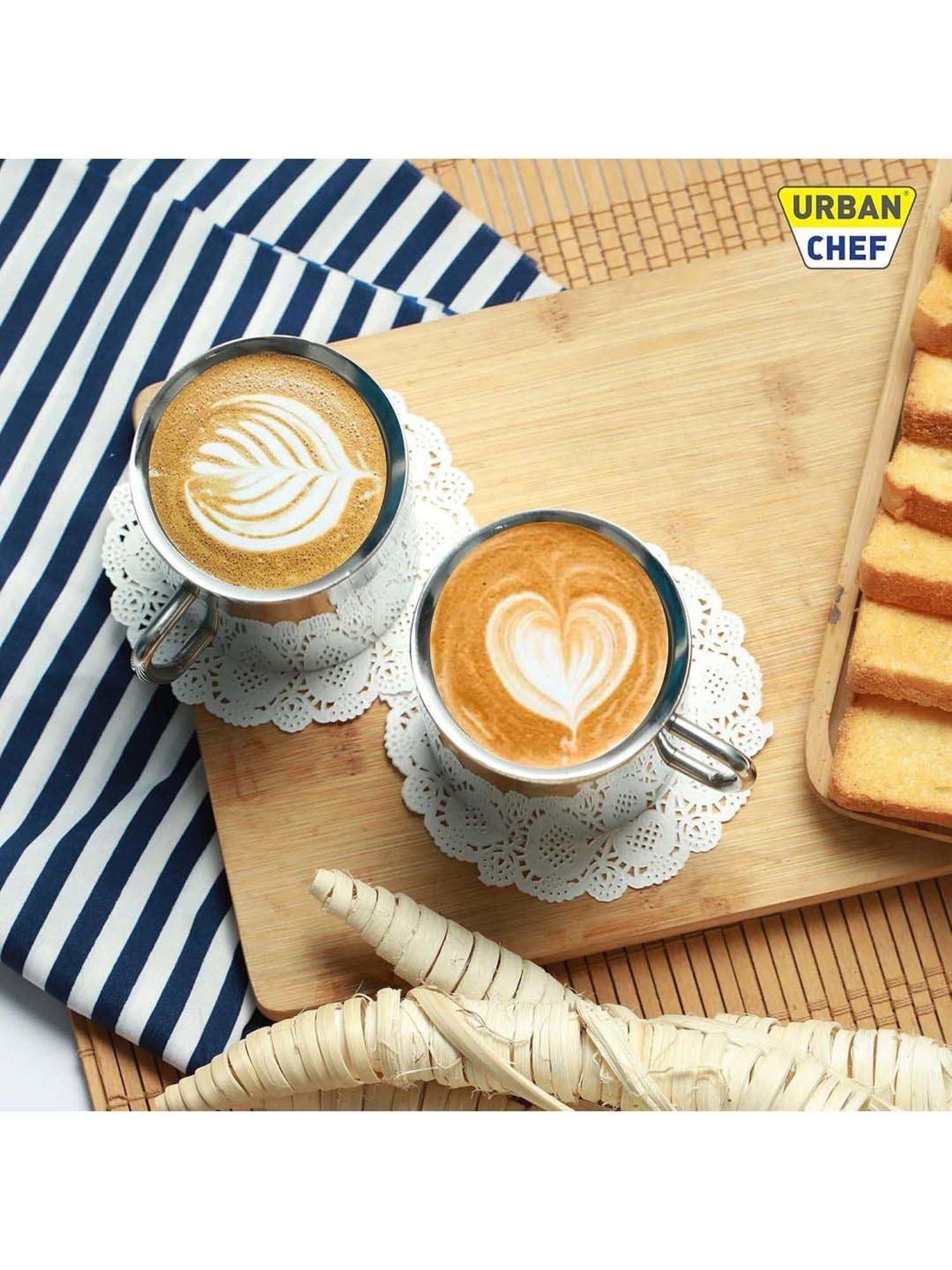 Urban Chef Silver Stainless Steel Sober Double Wall Big Coffee Mug - Set of 2