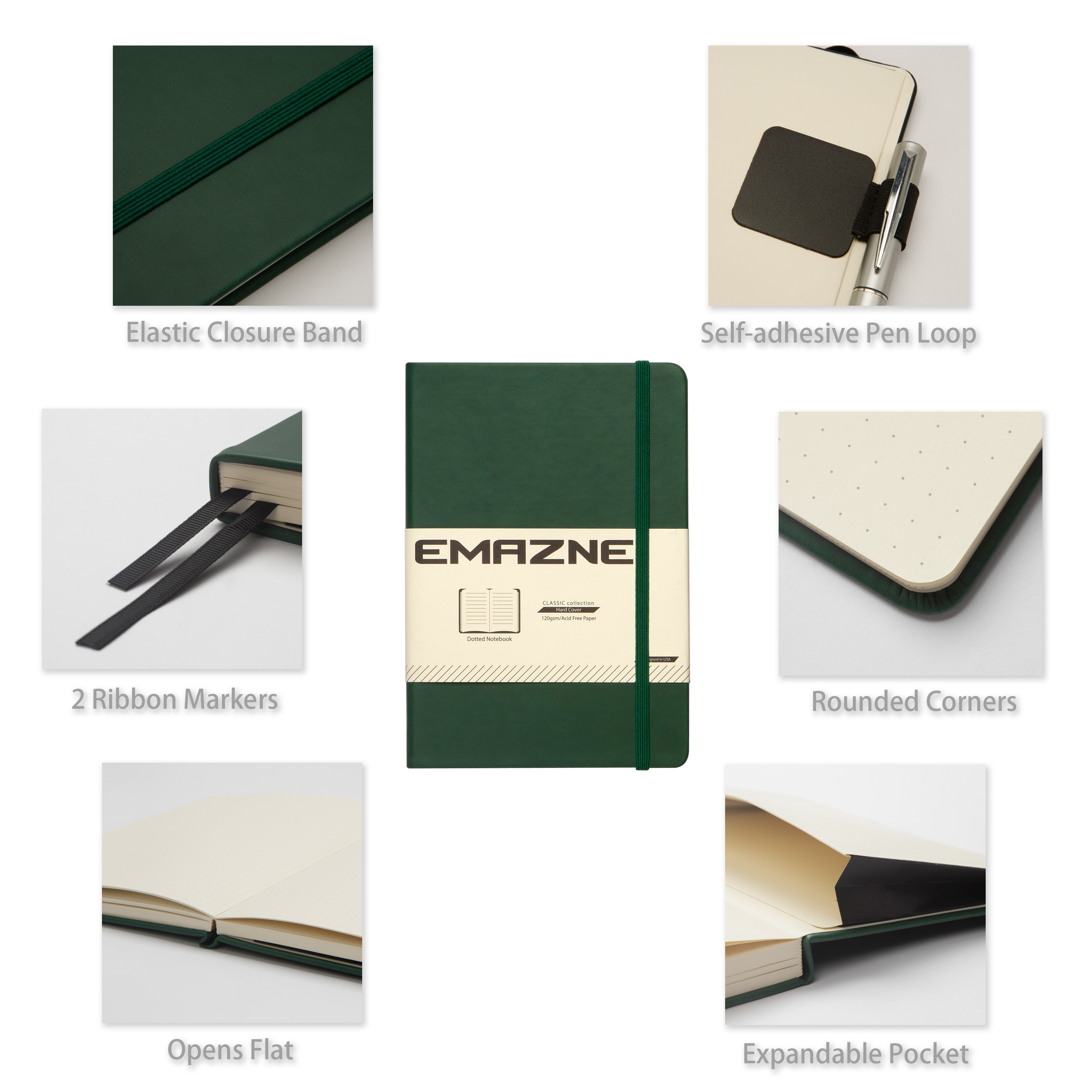 Emazne Classic Hardcover Notebook with Pen Loop,Bookmark,Green,Size:A5 (5.7" x 8.25"),Premium Thick 120gsm Paper,Dotted Page,176 Pages,PU Leather,Inner Pocket,(Free Gift-Tabs Flags)|Designed in US