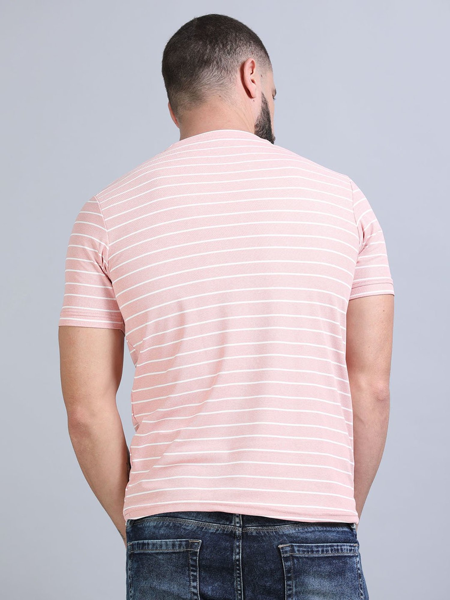 Bushirt Pink Regular Fit Striped Crew T-Shirt