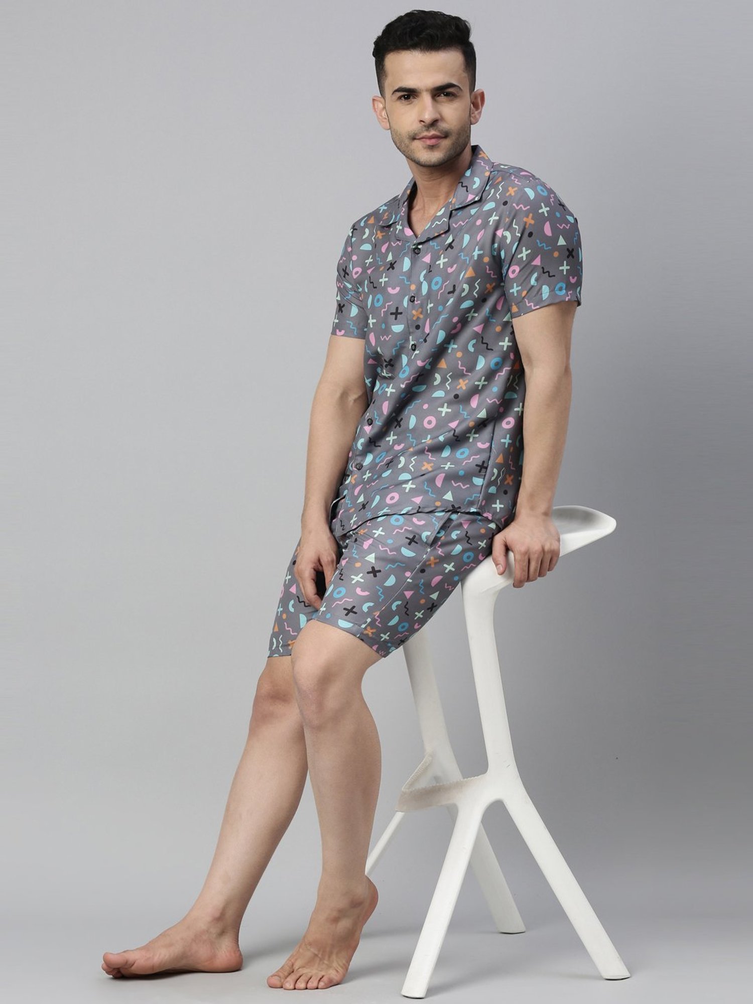 Bushirt Light Grey Regular Fit Printed Shirt & Shorts Set