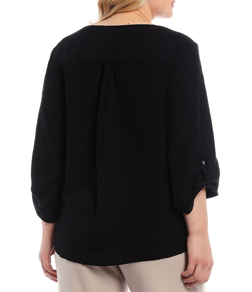 Calvin Klein Plus Size Solid Linen-Blend Tie V-Neck Detail 3/4 Roll-Tab Sleeve Top