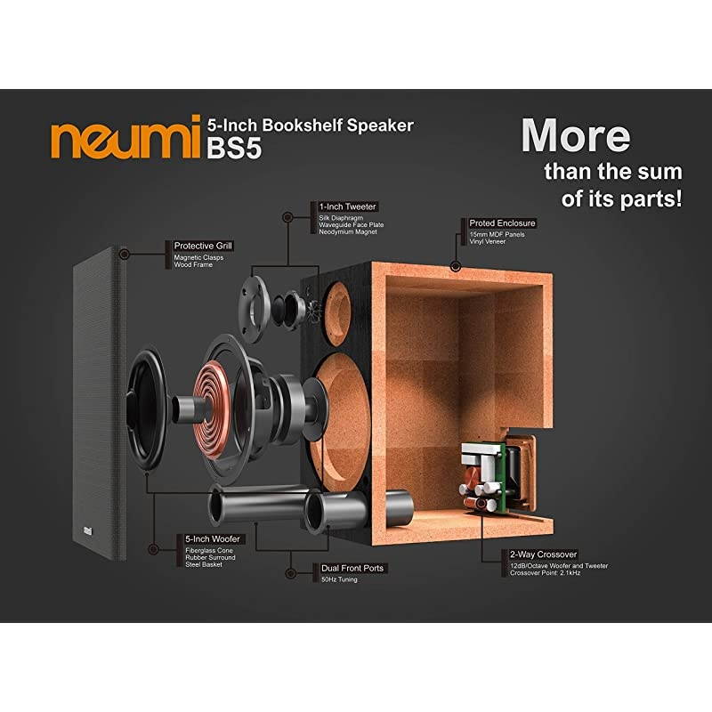 BS5 Passive Bookshelf Speakers, 5-Inch Woofer, 1-Inch Tweeter, Dark Wood, 1 Pair