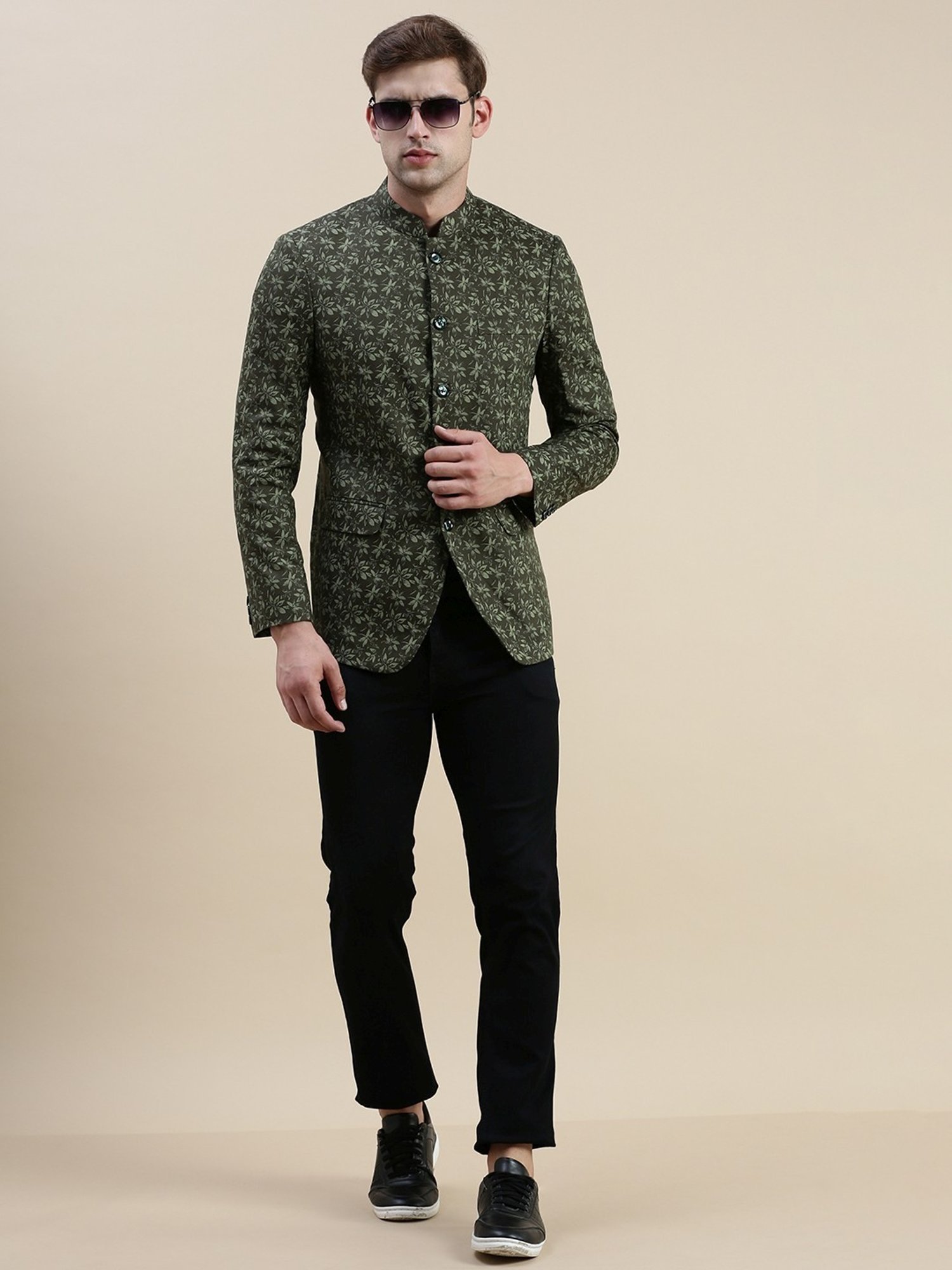 SHOWOFF Olive Slim Fit Printed Blazer