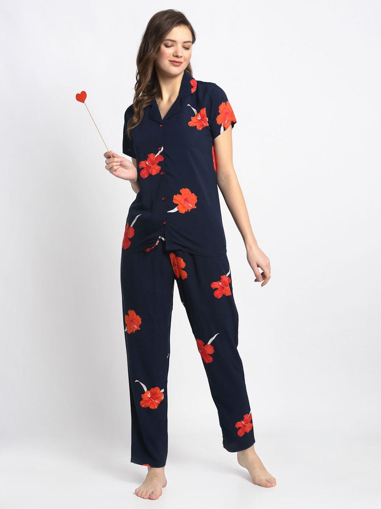 Boston Club Navy Floral Print Shirt With Pyjamas