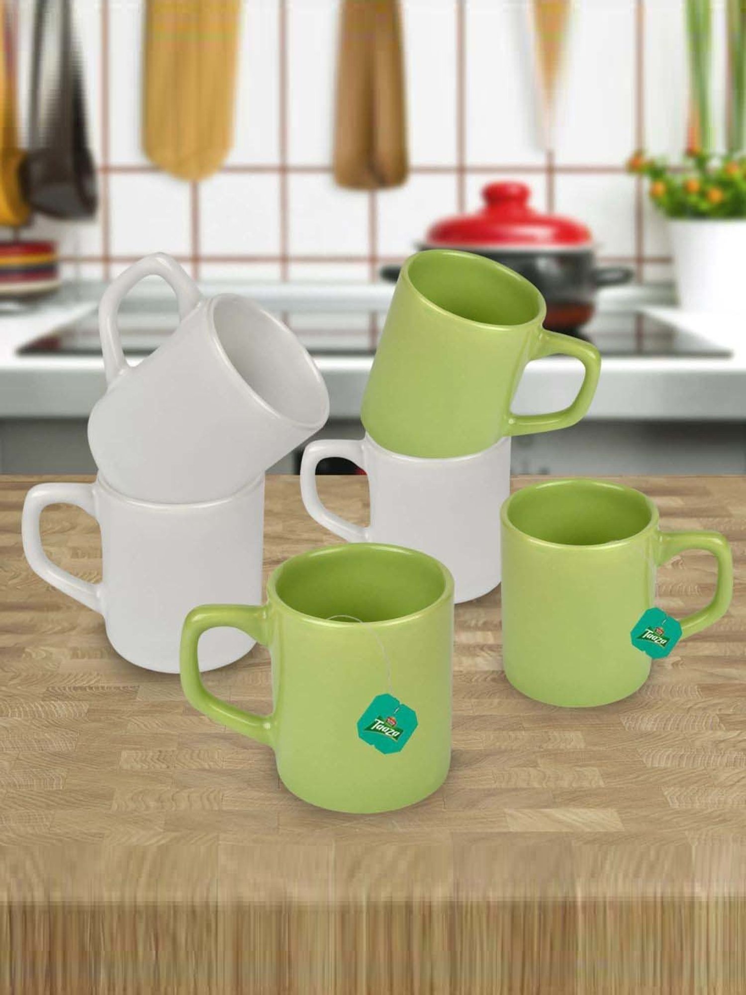 Urban Chef White & Parrot Green Ceramic Droite Handcrafted Microwave Safe Cup - Set of 6