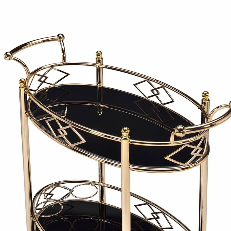 Metal Framed Serving Cart with Tempered Glass Top and Open Bottom Shelf Gold/Black - Benzara