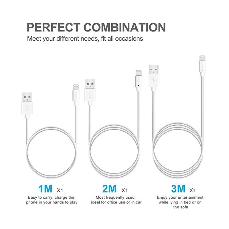 Cable MFi Certified iPhone Charger Cable 3Pack 3FT 6FT 9FT to USB Cable Compatible with iPhone 11 Pro Max Xs XR X 8 Plus 7Plus 6 Plus SE iPad iPod and More White