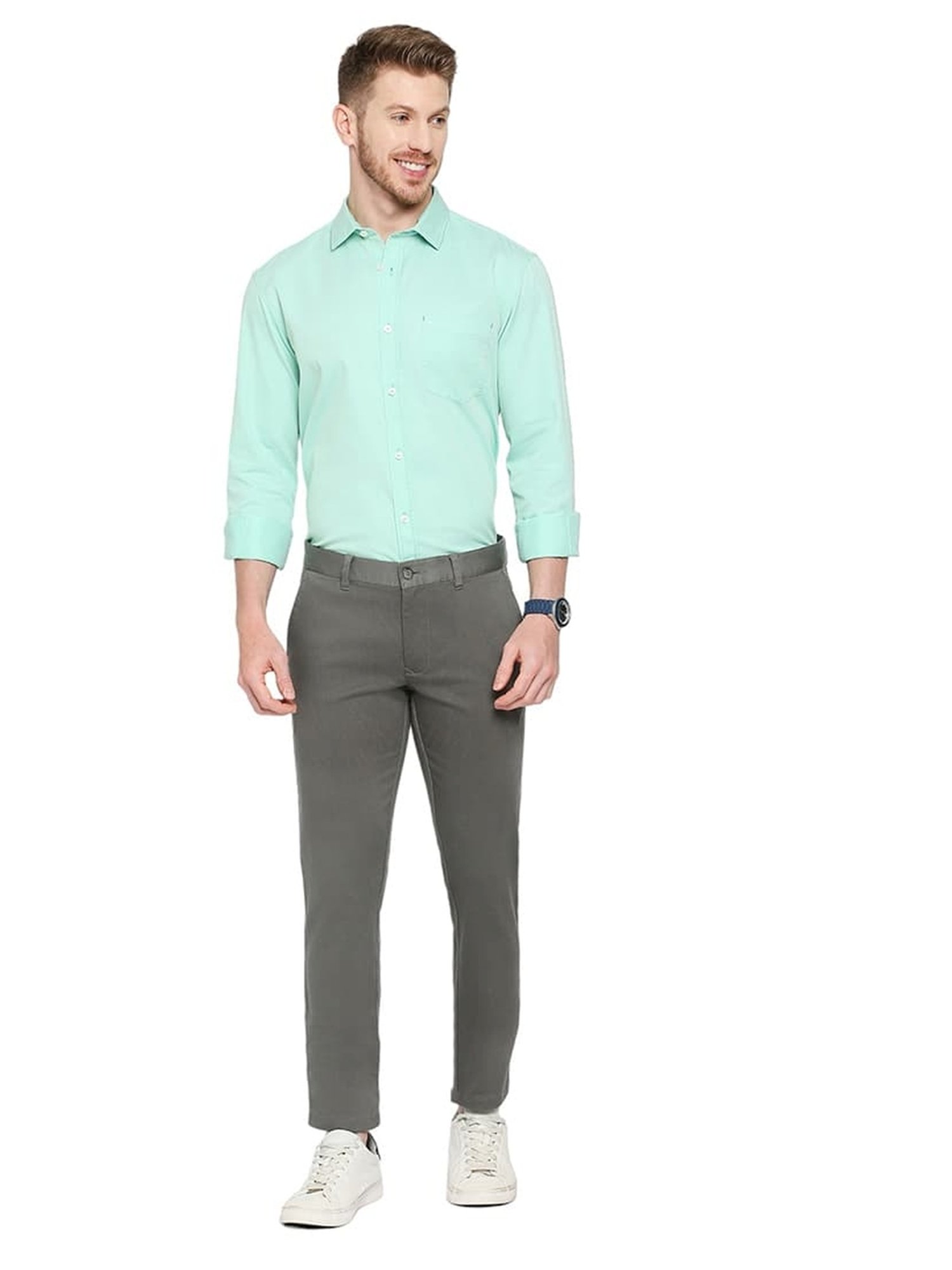 Basics Mid Grey Cotton Tapered Fit Texture Trousers