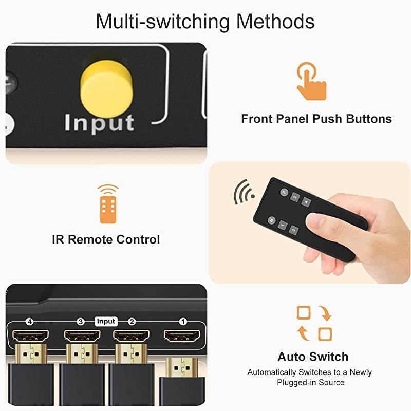 4x1 HDMI Switch Supports 4K60Hz 444 4 Port Ultra HD HDMI Switch with Optical LR Audio Output and Wireless IR Remote ControlBlack