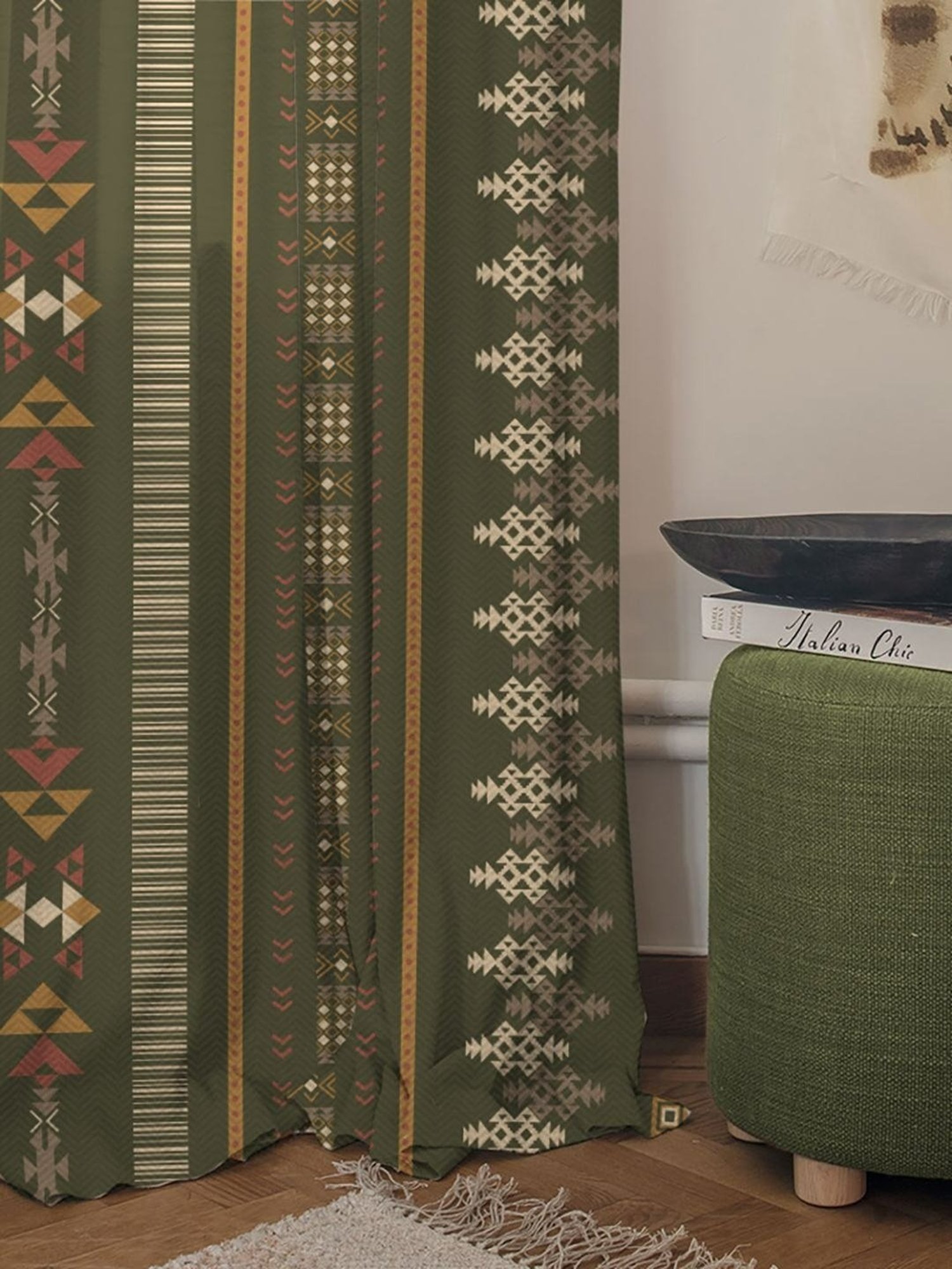 SPACES DRAPE STORY Boho Digital Print Khaki Polyester 5 ft Window Curtains - Set of 2