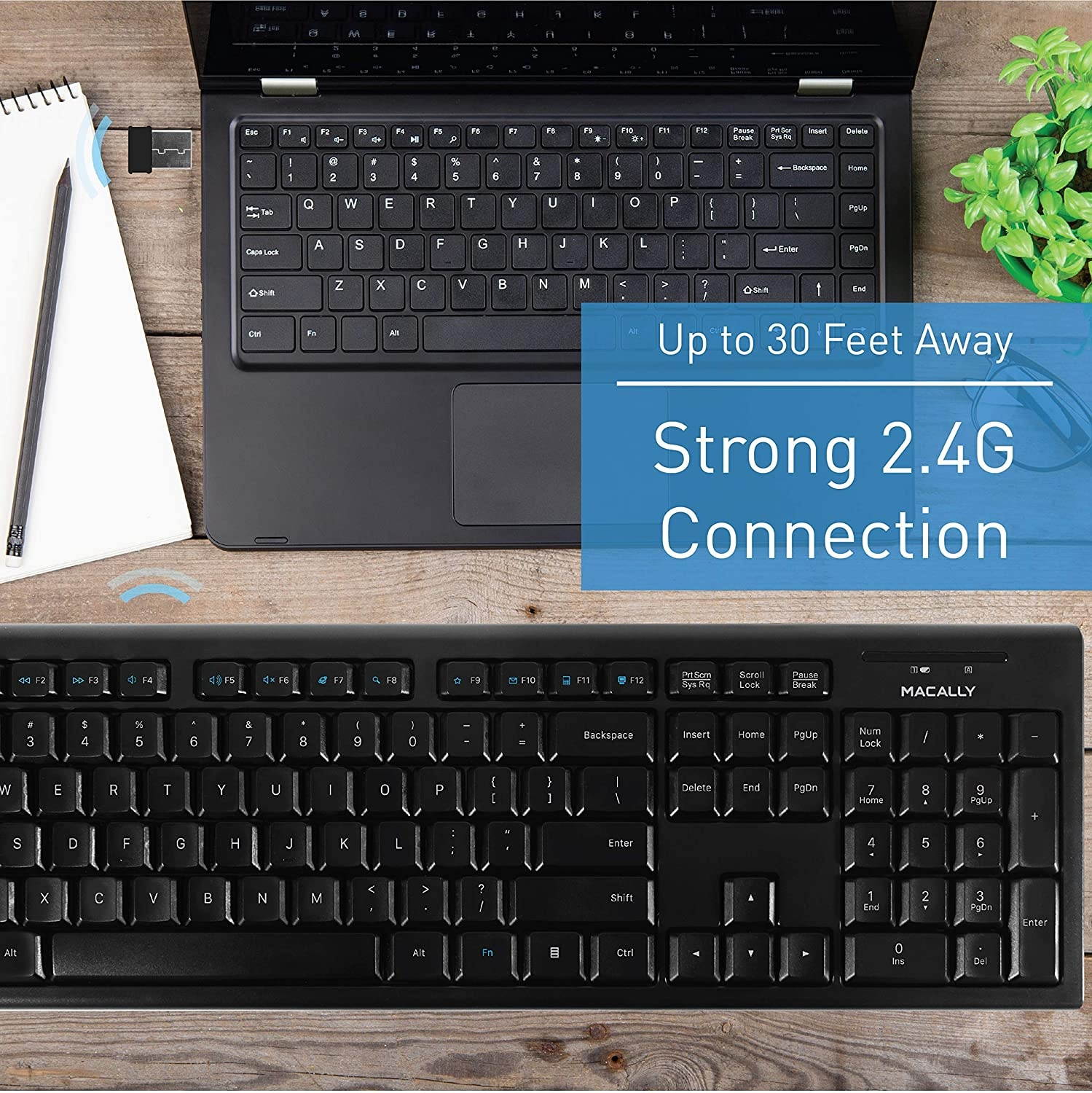 Macally 2.4 Wireless Keyboard and a Vertical Laptop Stand, Elegant & Incredibly Stable Universal Laptop Stand