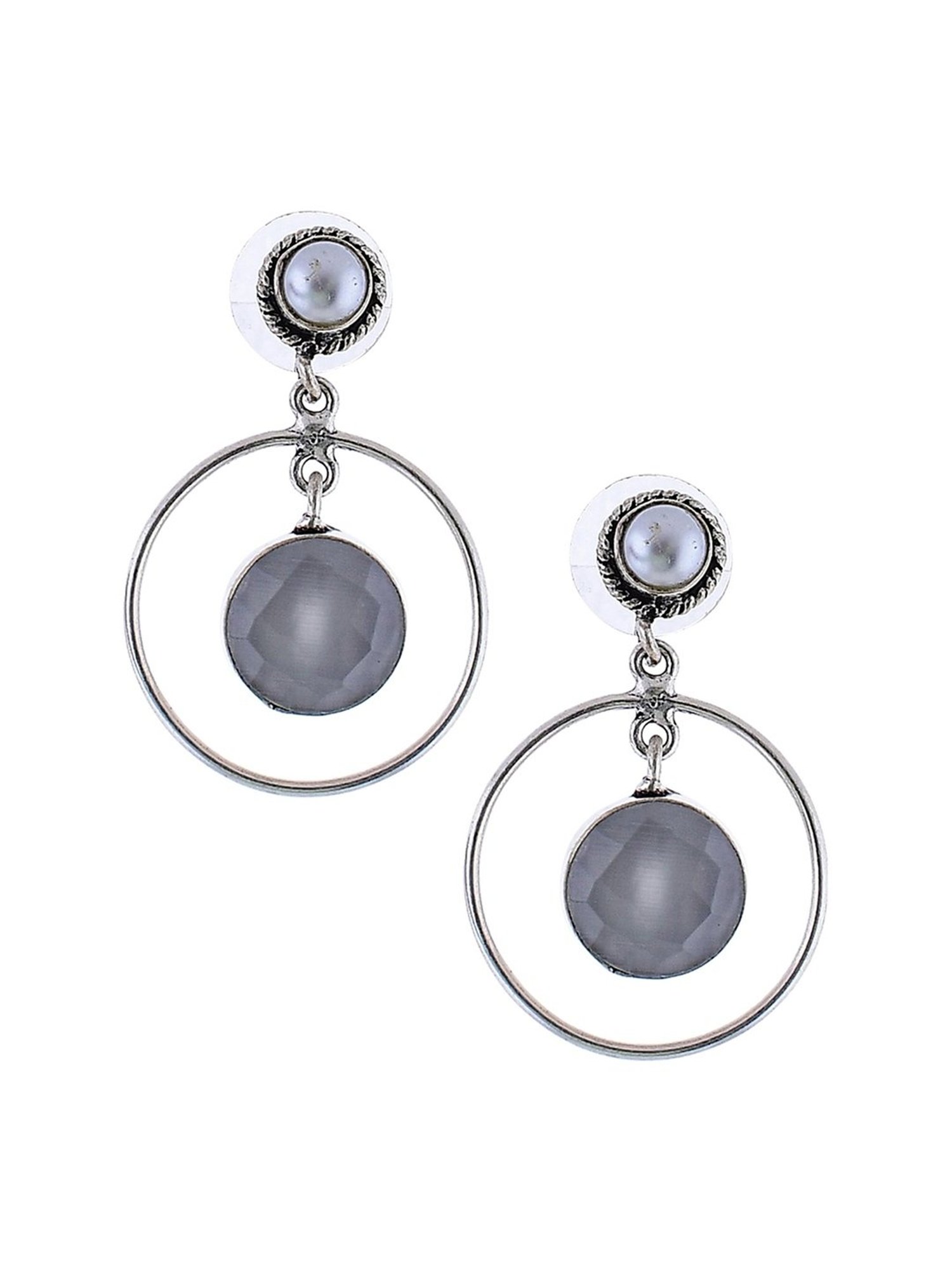 Imli Street White Silver Tone Stone-Studded Handcrafted Drop Earrings