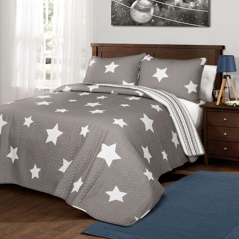3pc King Star Quilt Sets Gray - Lush Décor