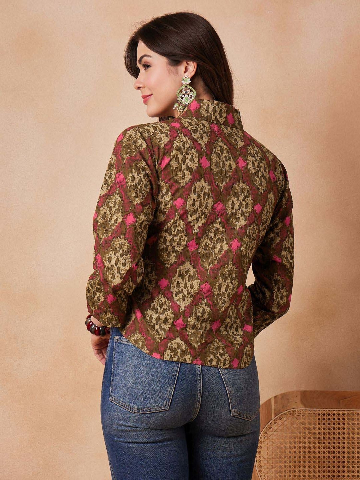 Inweave Olive Green & Pink Cotton Printed Top