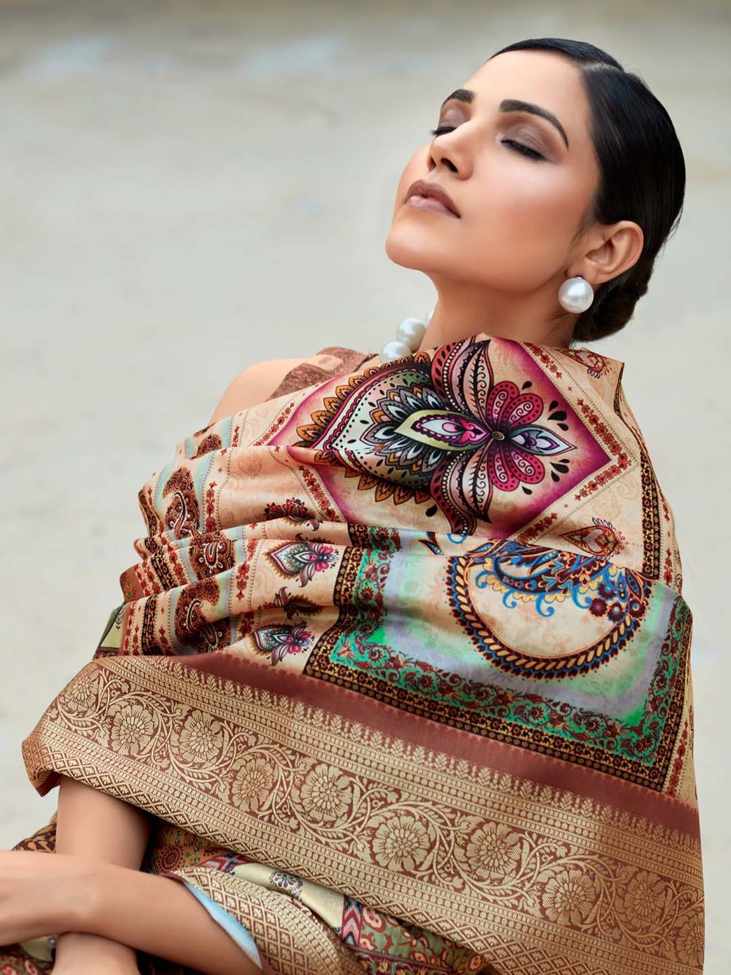 Saree Mall Beige Silk Printed Saree With Unstitched Blouse