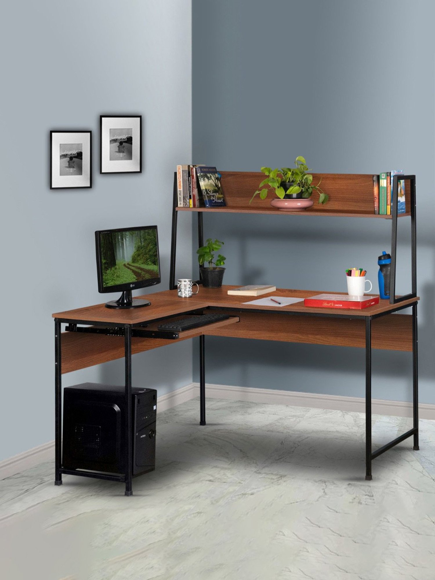 Delite Kom Falcon Acacia Dark Black Metal L-shaped Computer Desk