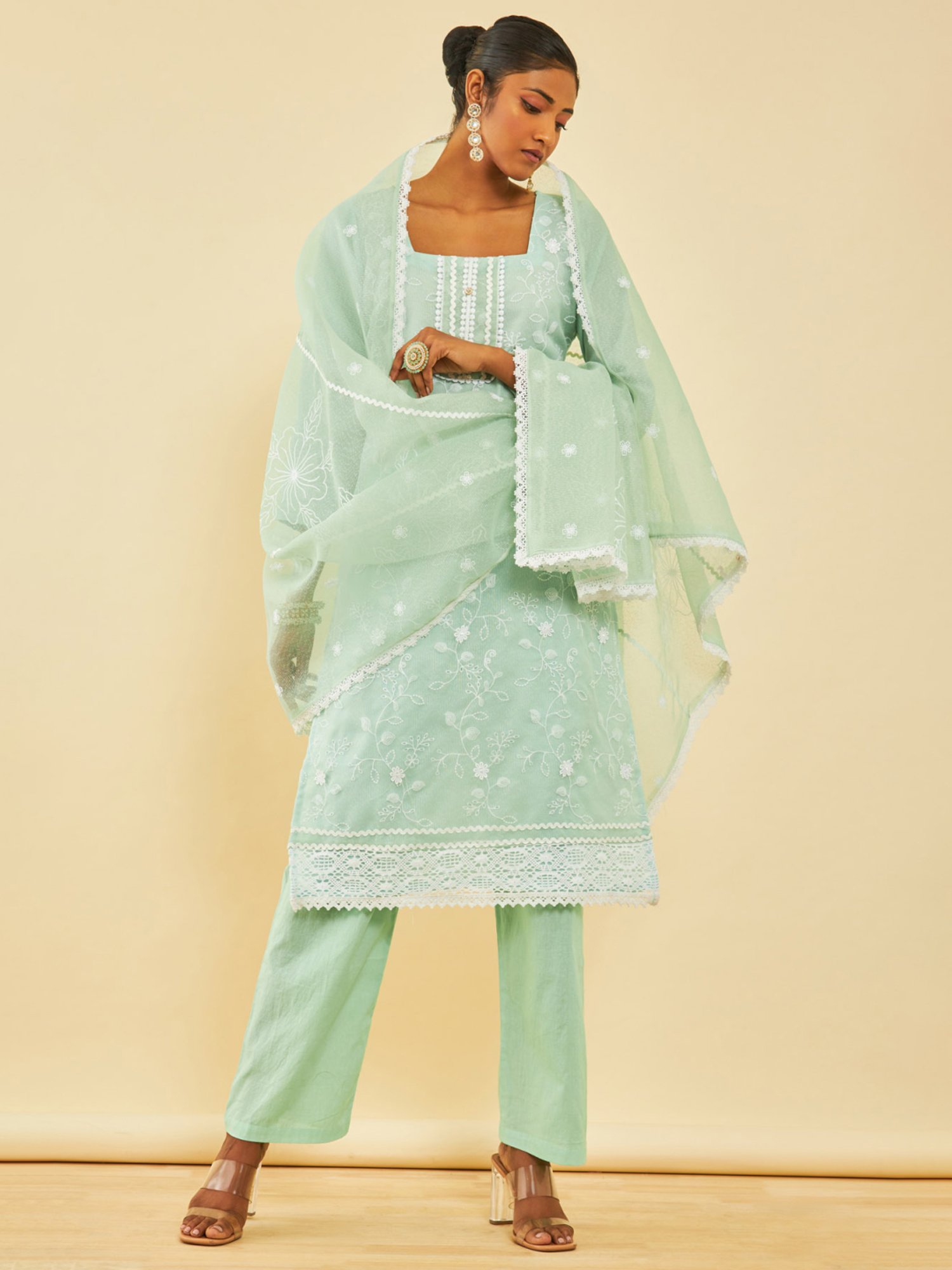 Soch Sap Green Kota Embroidered Unstitch Dress Material With Lace Details