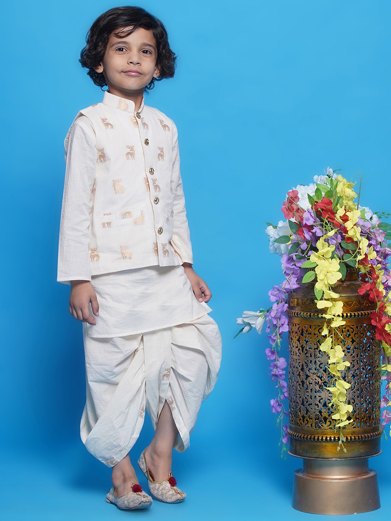 VASTRAMAY Boys Yellow & White Cotton Printed Full Sleeves Kurta Sets
