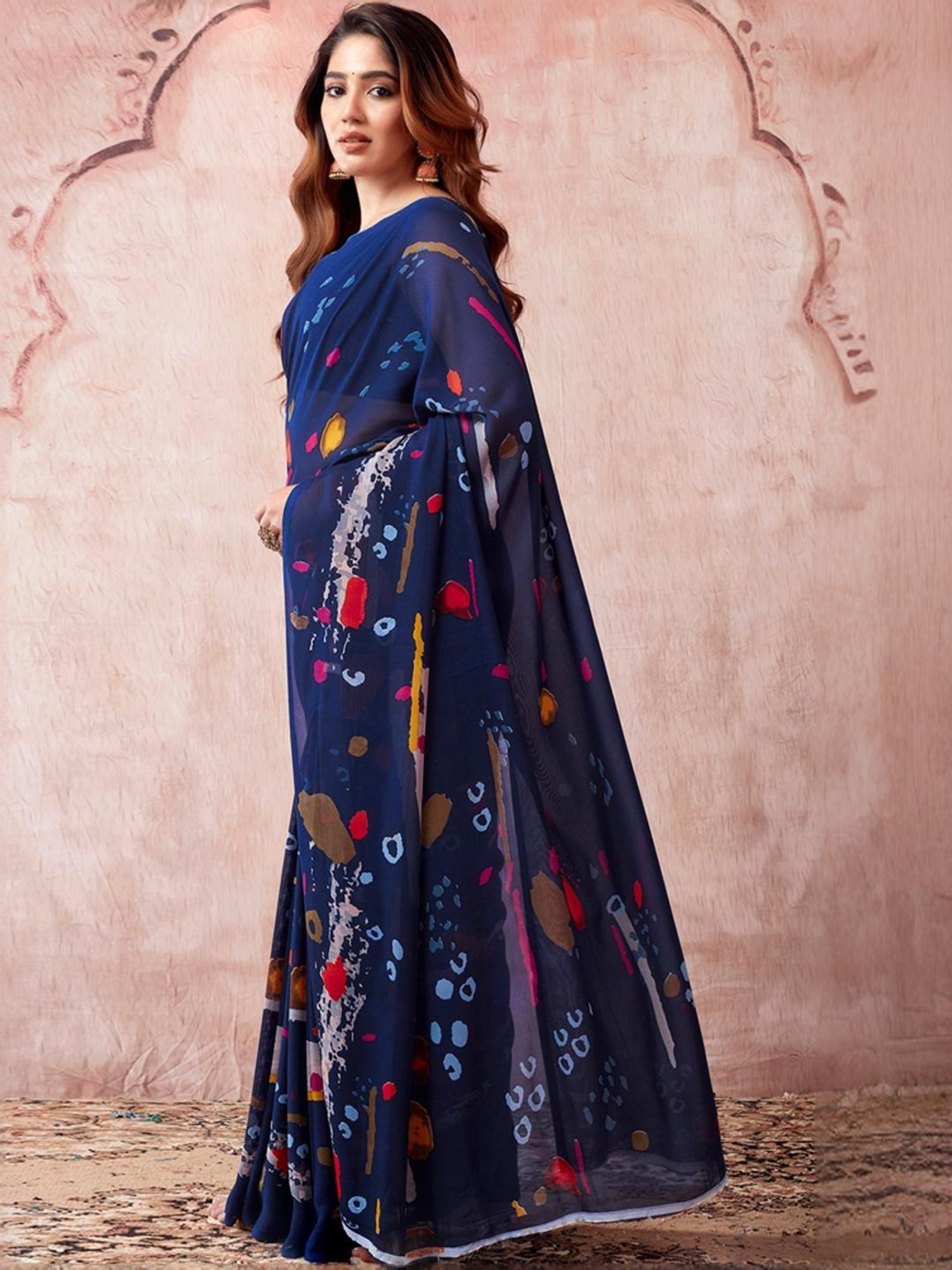 Satrani Navy Geometric Print Saree With Unstitched Blouse