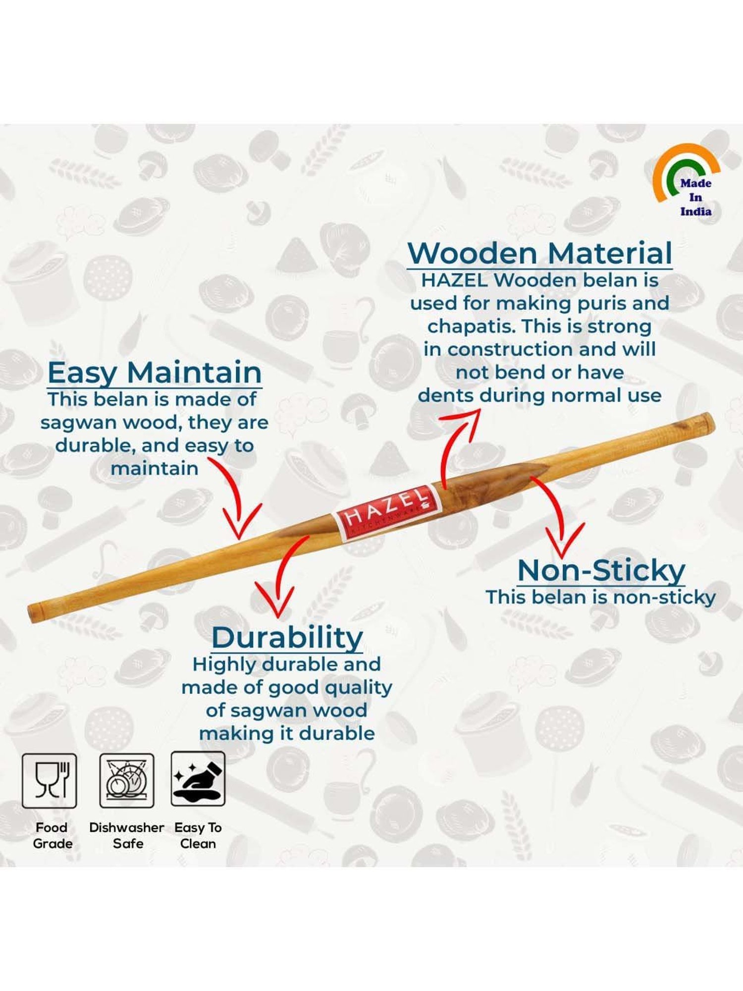 HAZEL Brown Wood 36 cm Gujatari Roti Roller Belan