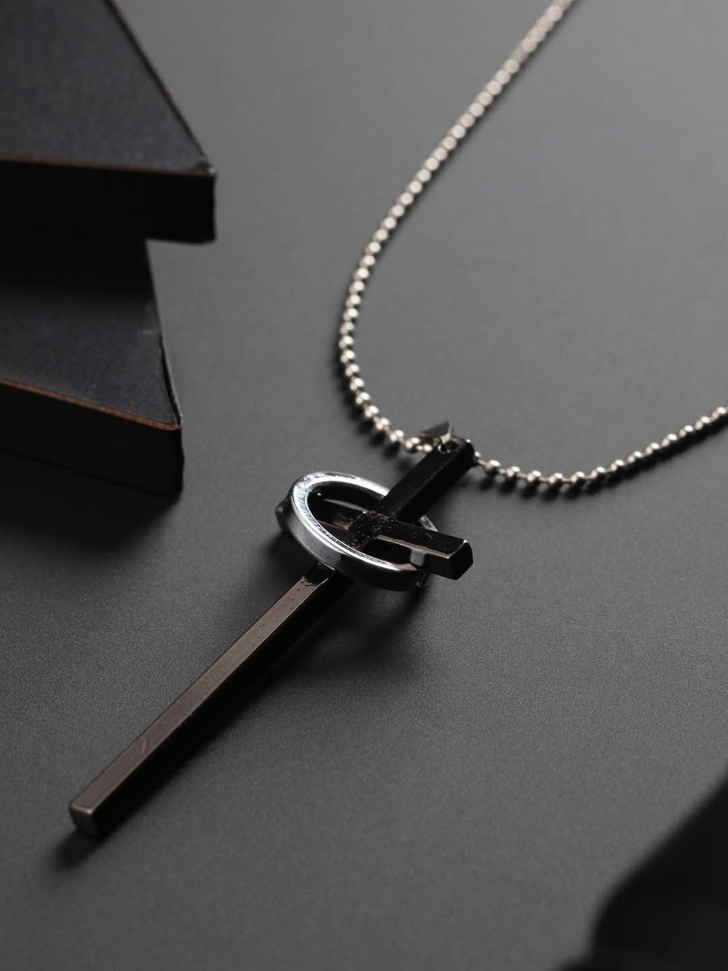 Bold by Priyaasi Silver-Plated Long Cross Ring Chain Necklace for Men