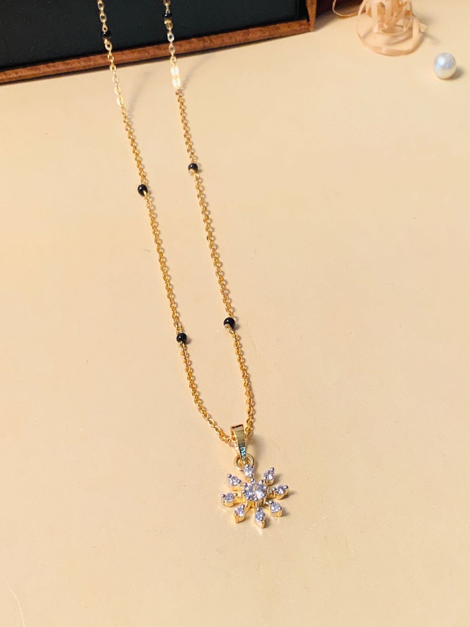 Abdesigns Gold-Plated American Diamond & Black Beaded Mangalsutra