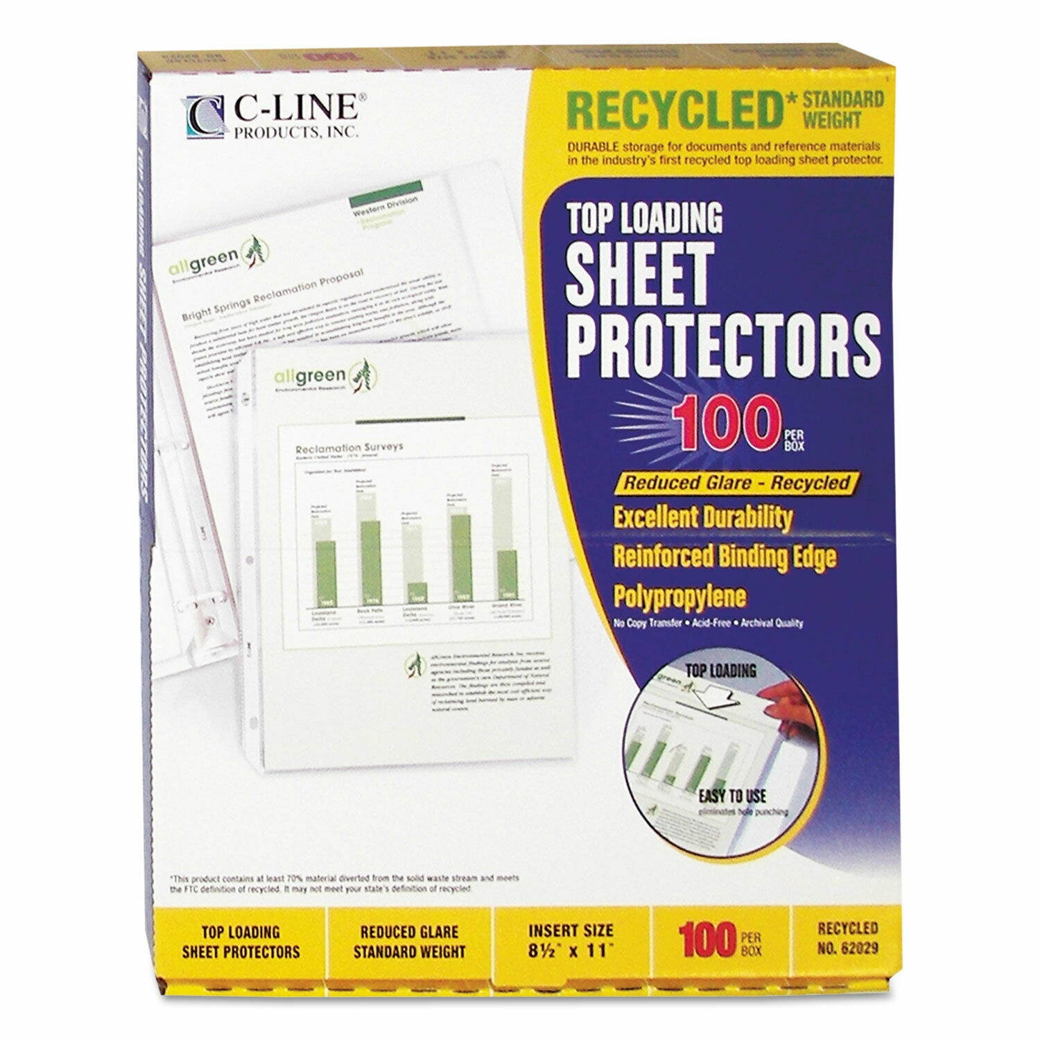 C-Line Recycled Polypropylene Sheet Protector Reduced Glare 2" 11 x 8 1/2 100/BX