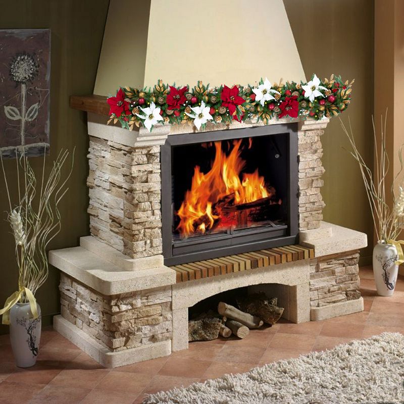 Easy Treezy Indoor Artificial 6 Foot Pre Lit Decorated Holiday Christmas Garland with White Lights, Poinsettias, Christmas Ornaments, and Pine Cones