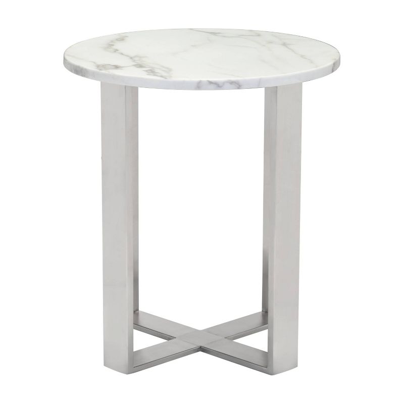 Modern Round Faux Marble Side Table - Stone, Brushed Stainless Steel - Zm Home